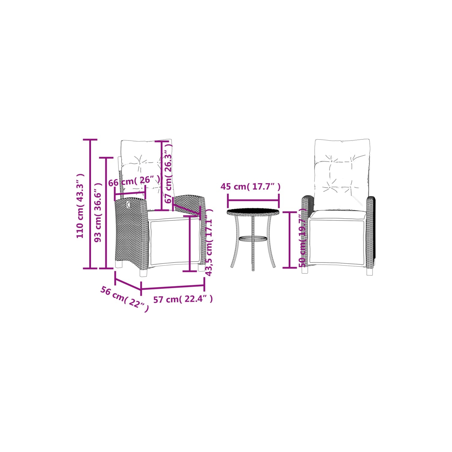 vidaXL 3 Piece Bistro Set with Cushions Black Poly Rattan