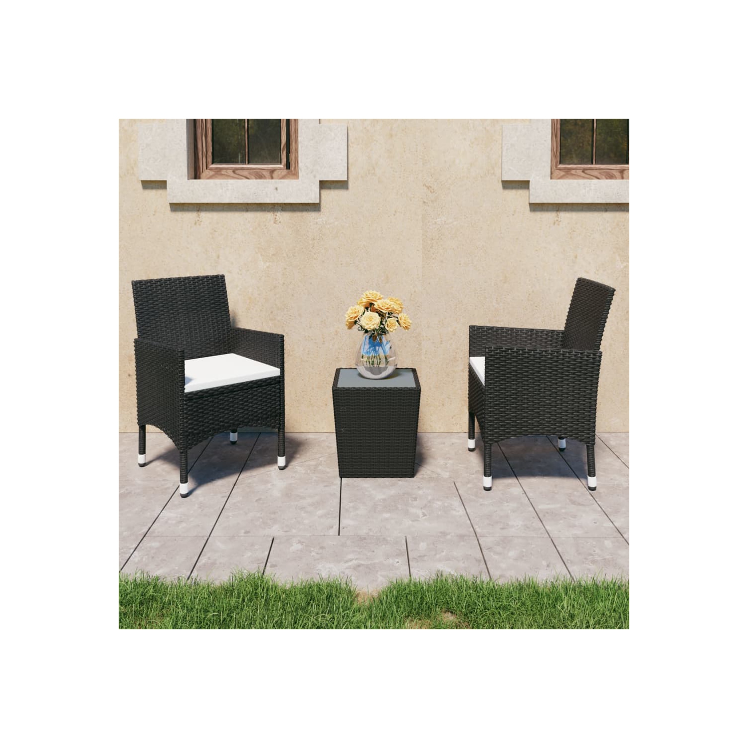 Ensemble bistro de 3 pièces en poly rotin et verre trempé noir