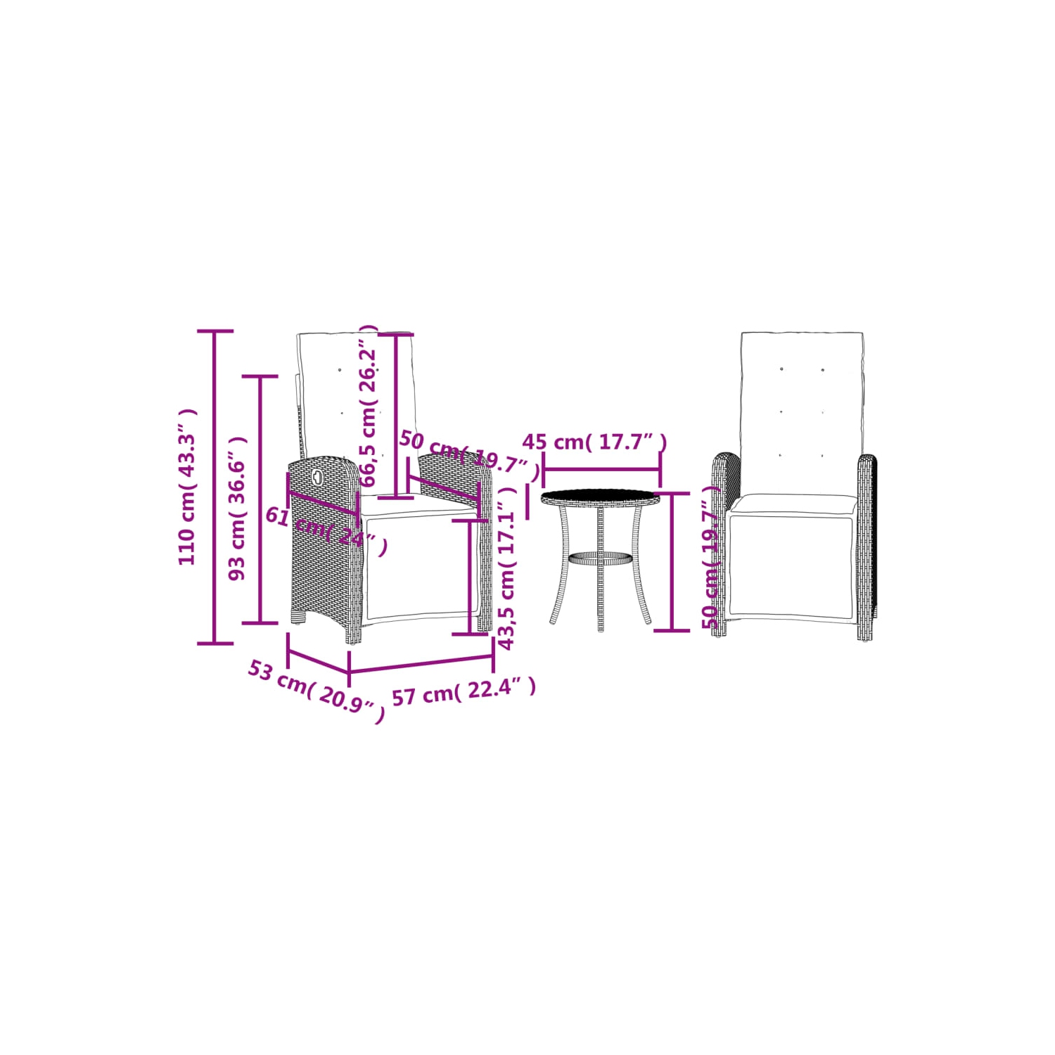 Ensemble bistro de 3 pièces avec coussins en rotin de polyester gris vidaXL