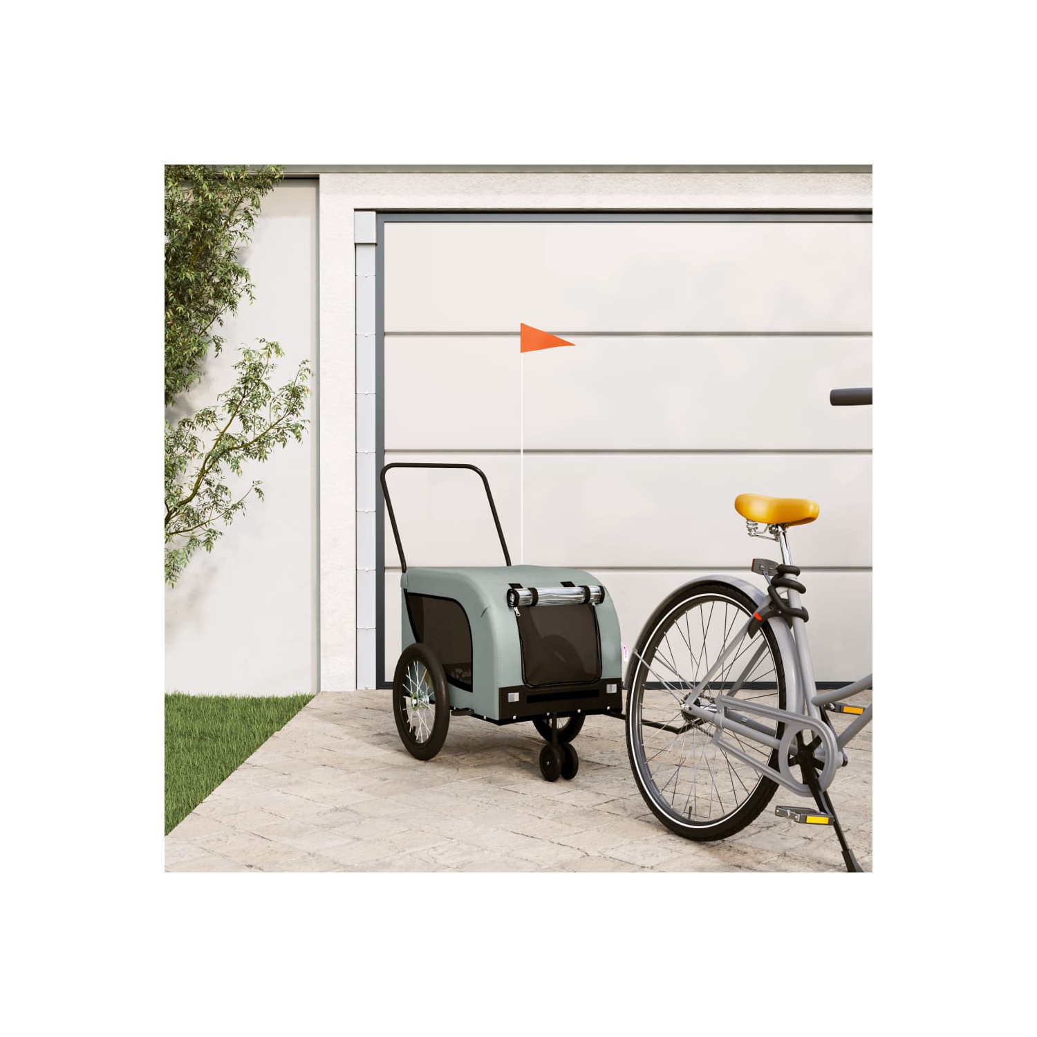 Remorque de vélo pour animaux de compagnie en tissu et fer gris et noir Oxford