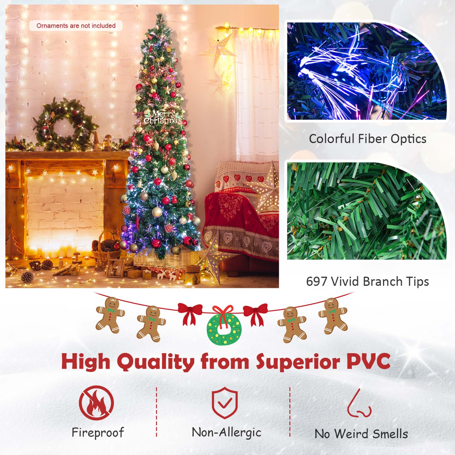Costway 7 FT Pre-Lit Artificial Xmas Tree with Colorful Fiber Optics & 697 PVC Branch Tips