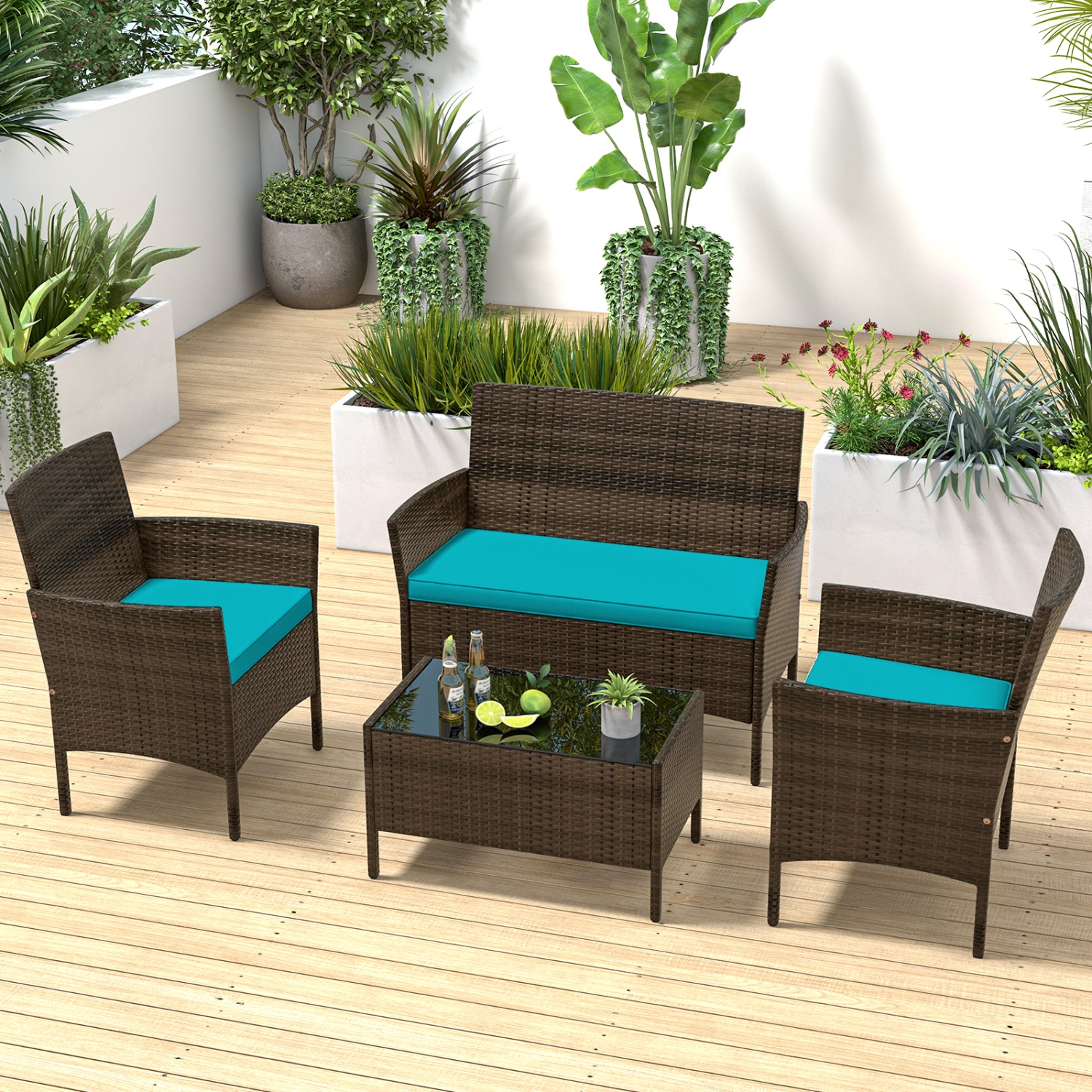Costway 4 PCS Patio Furniture Set with Washable Cushions and Tempered Glass Coffee Table