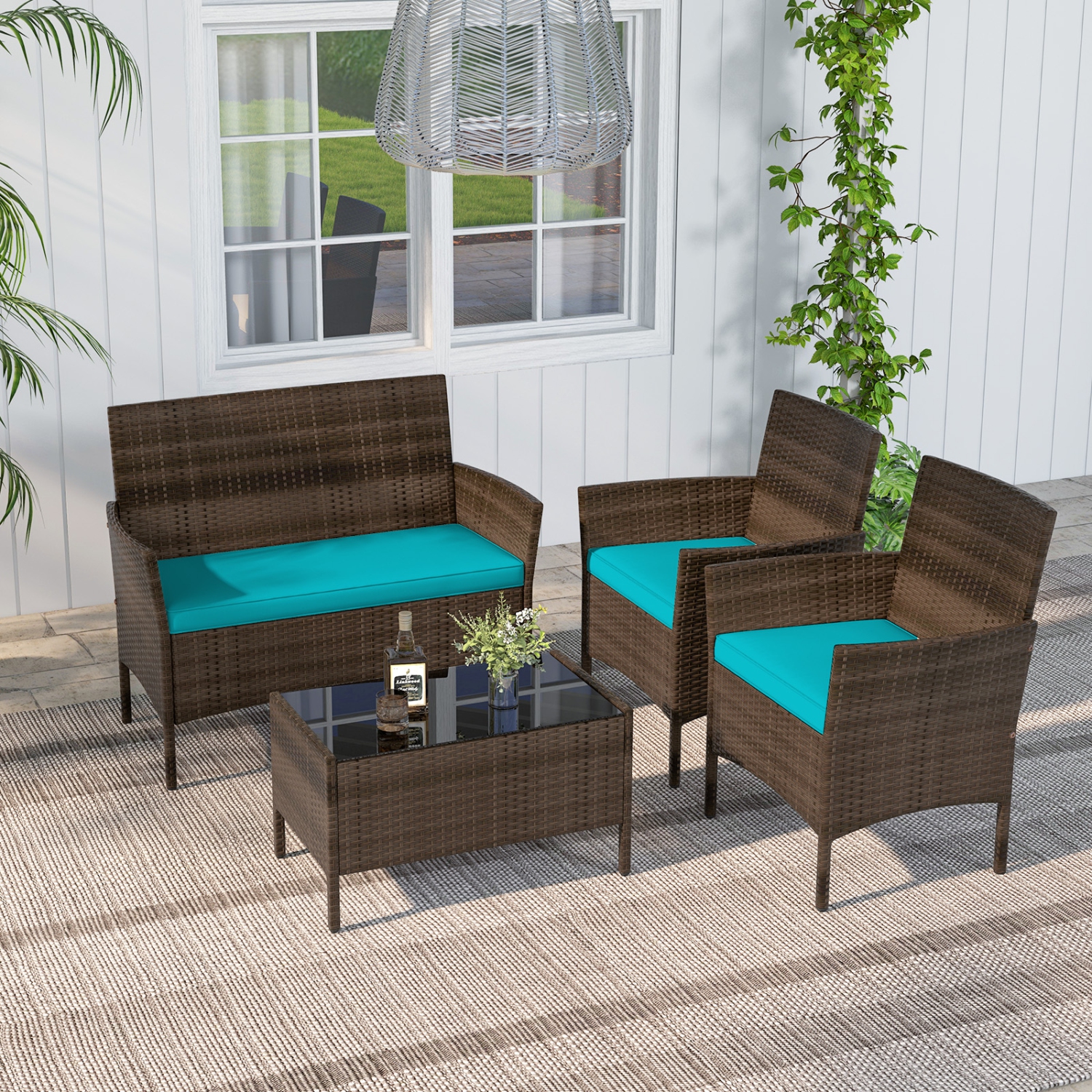 Costway 4 PCS Patio Furniture Set with Washable Cushions and Tempered Glass Coffee Table