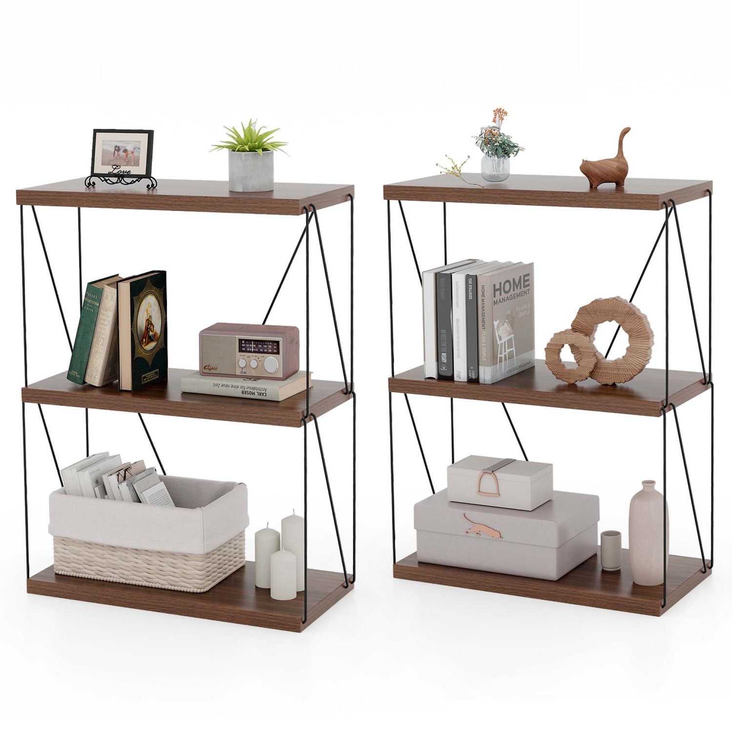 Meuble de rangement polyvalent à 3 tablettes avec cadre en métal noyer 2 pièces de Costway