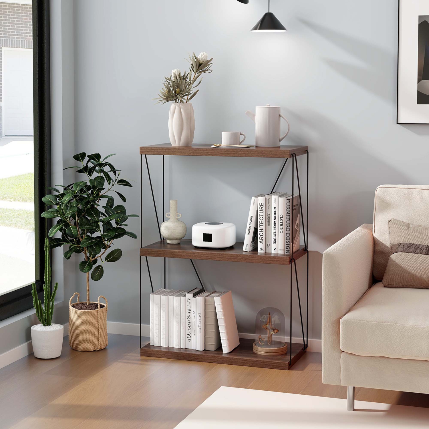 Meuble de rangement polyvalent à 3 tablettes avec cadre en métal noyer 2 pièces de Costway