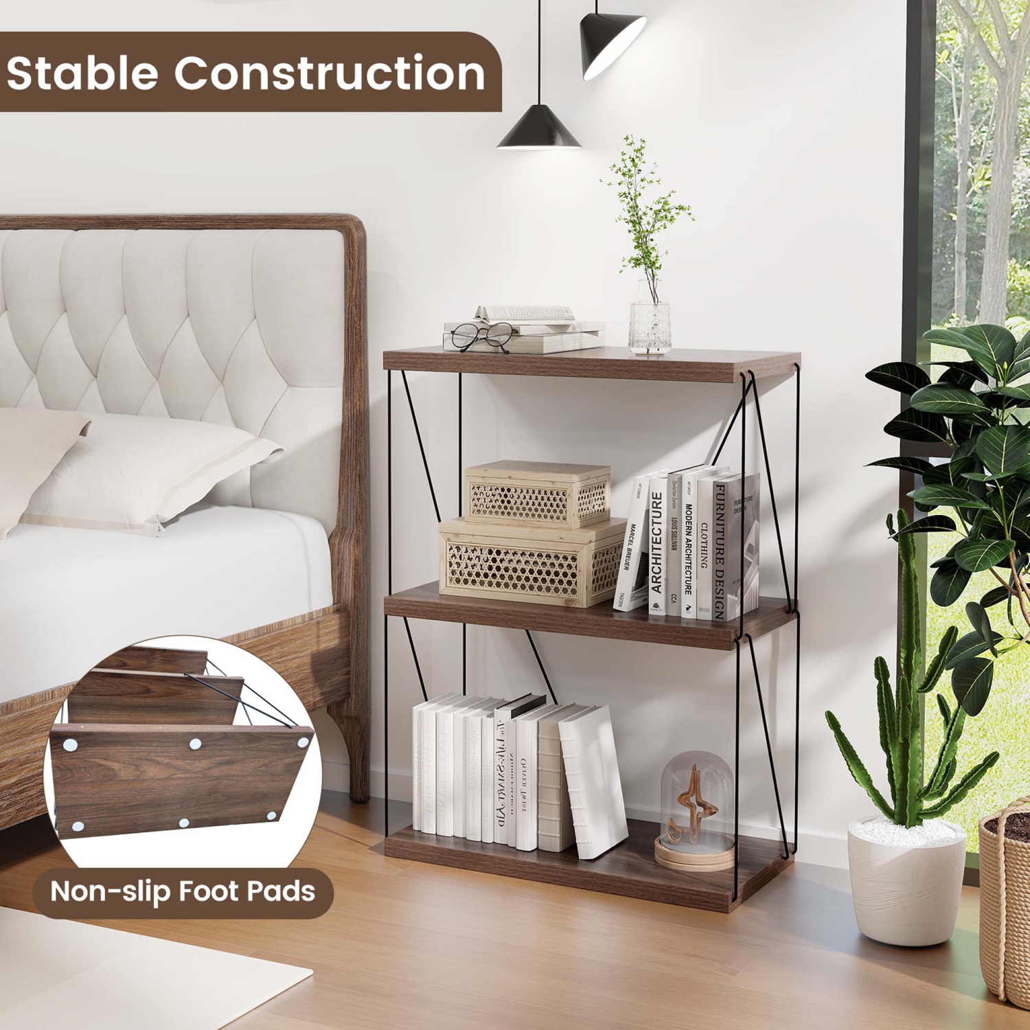 Meuble de rangement polyvalent à 3 tablettes avec cadre en métal noyer 2 pièces de Costway