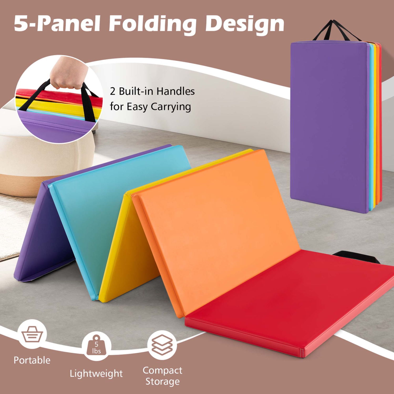 Costway 5-Panel Folding Gymnastics Thick Mat 6.6' x 2.5' Tumbling Mat for Kids
