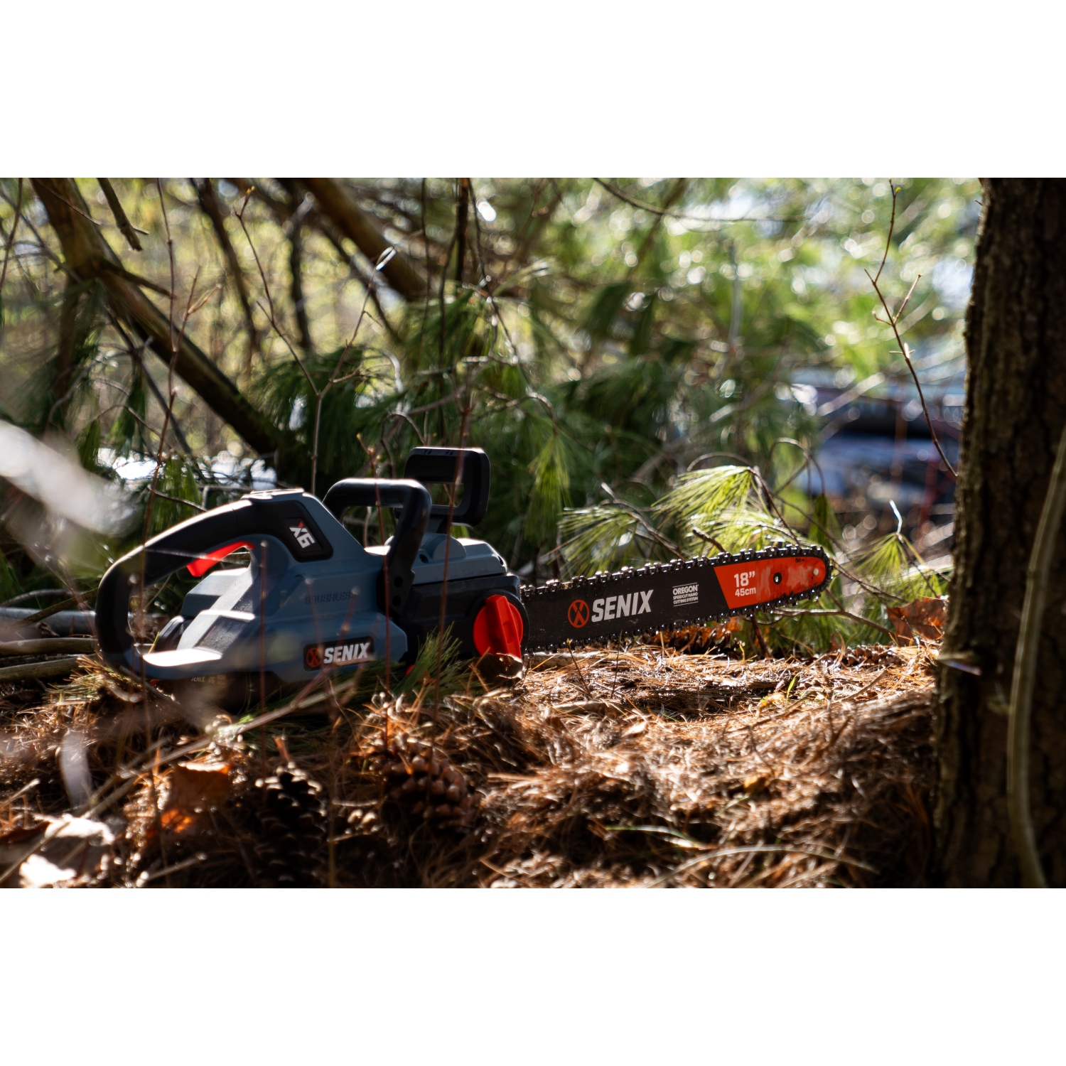 Scie à chaîne sans fil SENIX X6 60 V Max* de 18 po – Chaîne à très haute vitesse, moteur sans balais, mode ECO, tension sans outil,