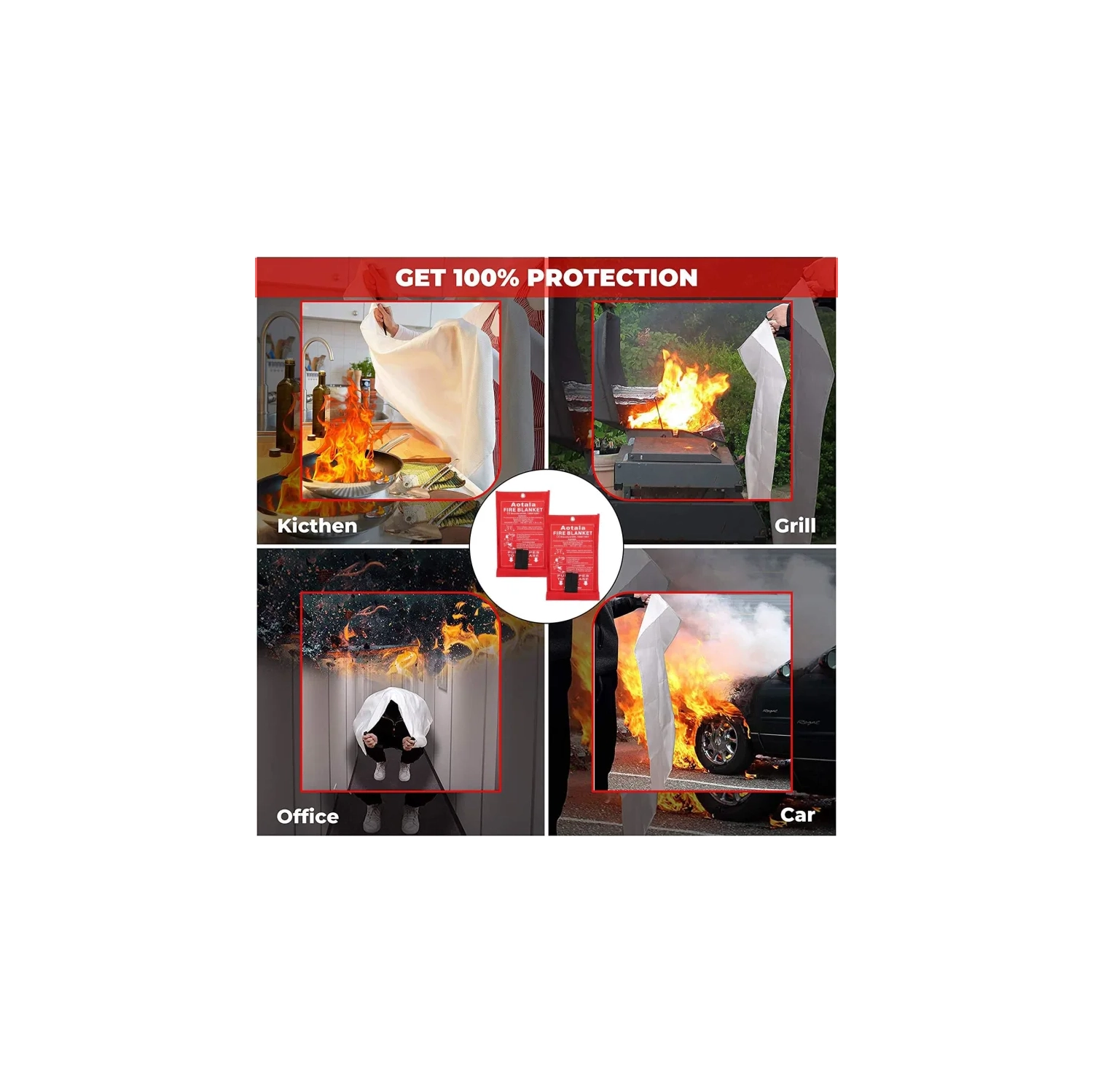 Emergency Fire Blankets for Home & Kitchen | Fireproof Blanket for Camping, BBQ, Fireplace, Office | 2-Pack