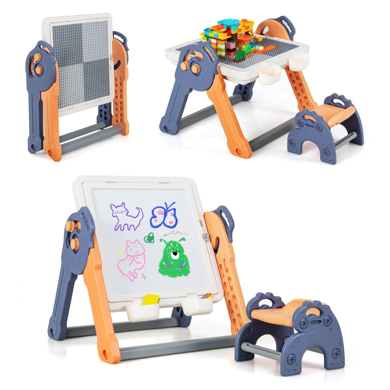 Ensemble 6-en-1 avec table de jeu et chaises pour enfants de Costway et 102 briques compatibles PCS