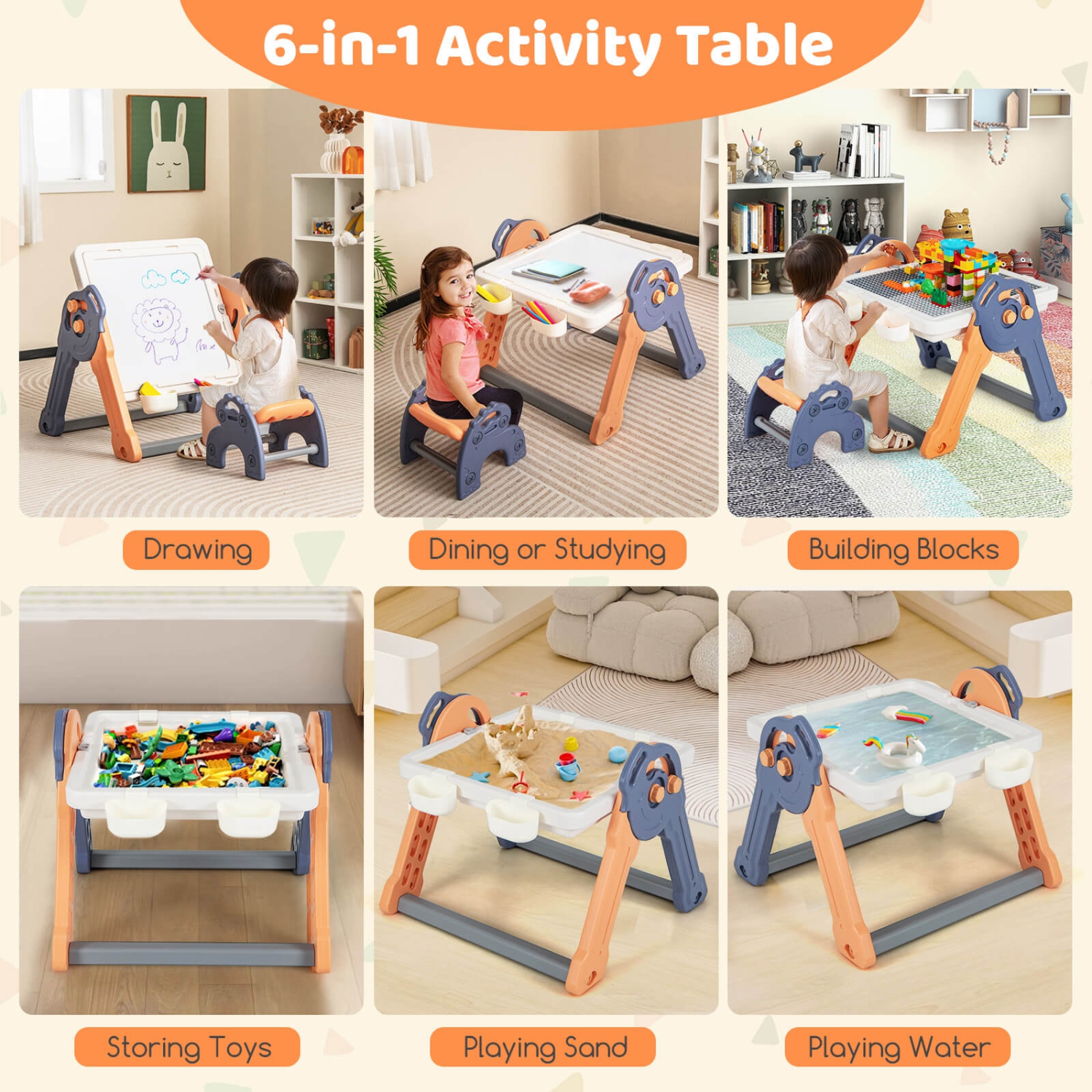 Ensemble 6-en-1 avec table de jeu et chaises pour enfants de Costway et 102 briques compatibles PCS