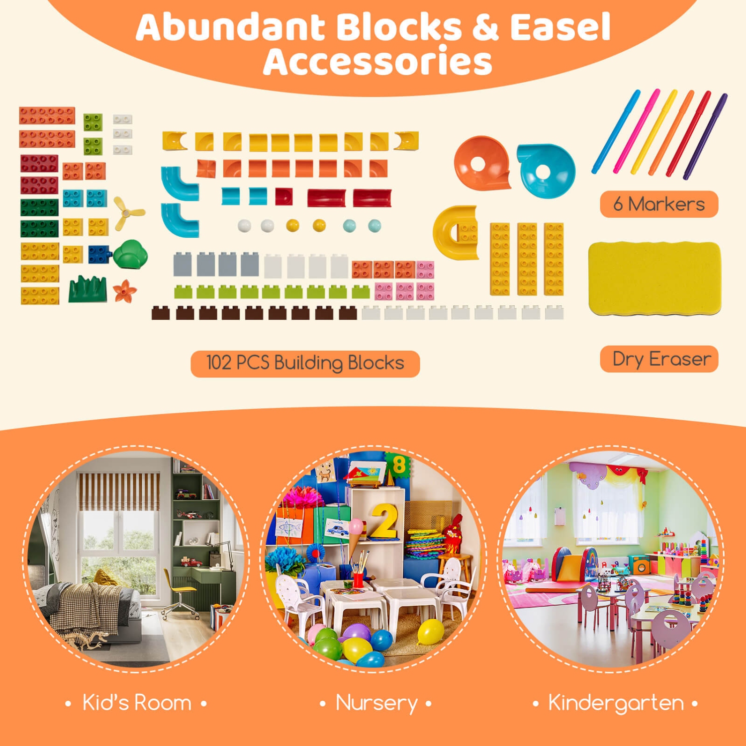 Ensemble 6-en-1 avec table de jeu et chaises pour enfants de Costway et 102 briques compatibles PCS