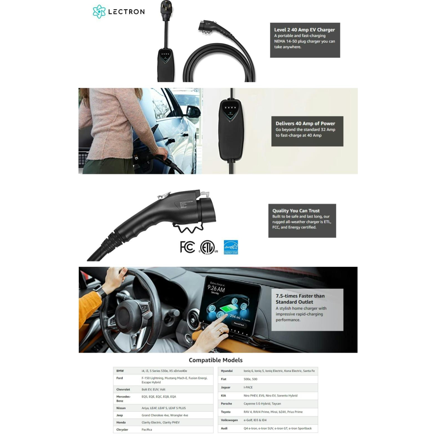 Lectron Level 2 EV Charger -ETL Certified, 240V, 40 Amp, NEMA 14-50 Plug, 16 ft Extension cord & J1772 Cable-Portable Electric Car Charger for J1772