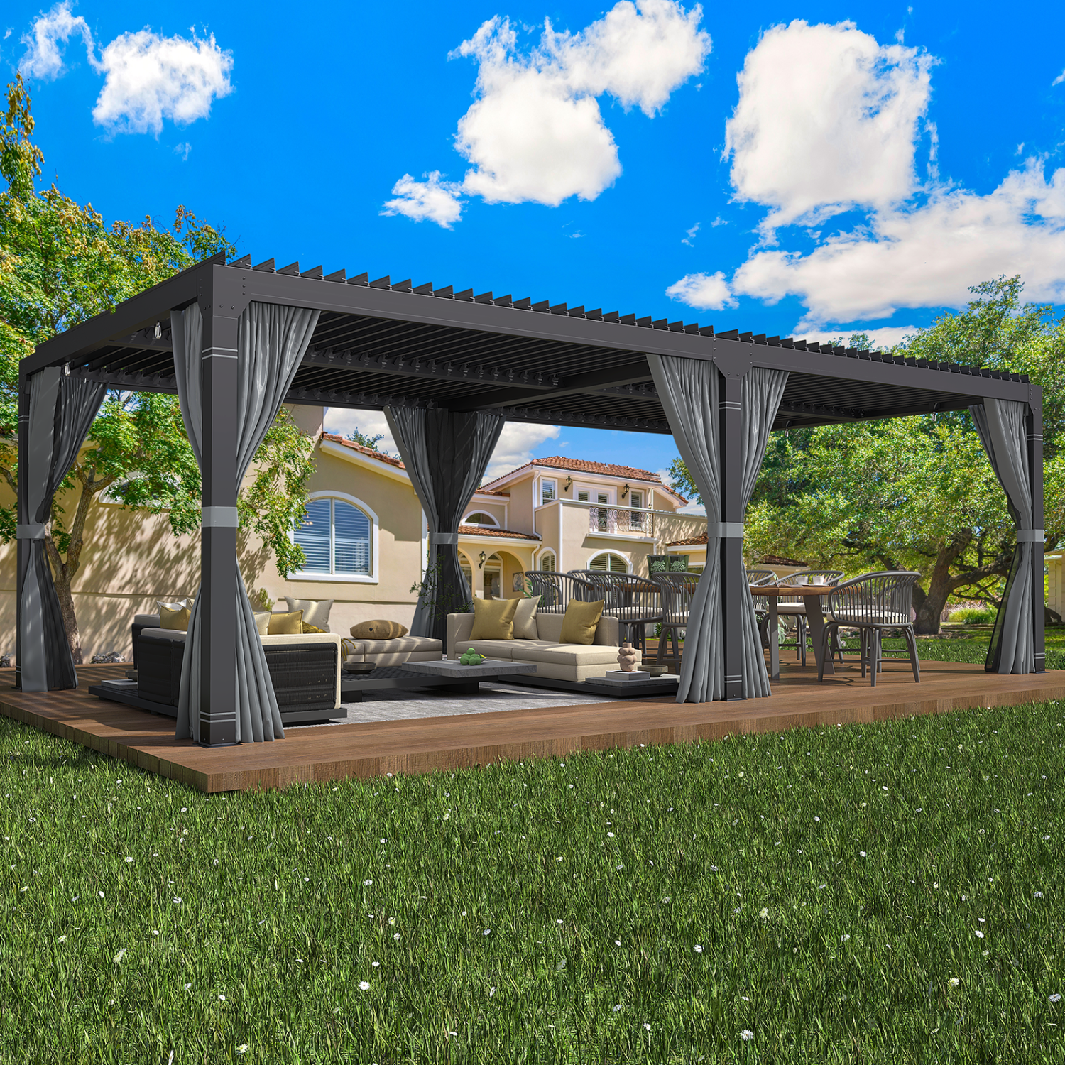 Pergola à pergola pour l'extérieur Erommy de 12 x 20 pi, abri de jardin extérieur à toit rigide, rideaux de toit en métal réglables et moustiquaire