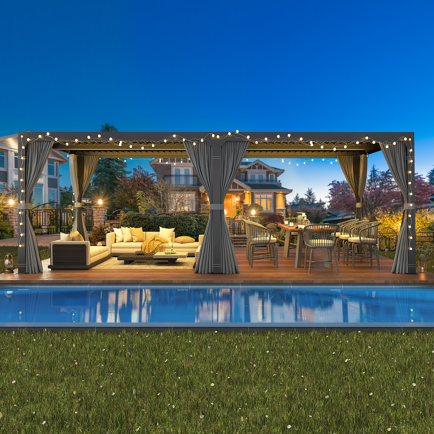 Pergola à pergola pour l'extérieur Erommy de 12 x 20 pi, abri de jardin extérieur à toit rigide, rideaux de toit en métal réglables et moustiquaire