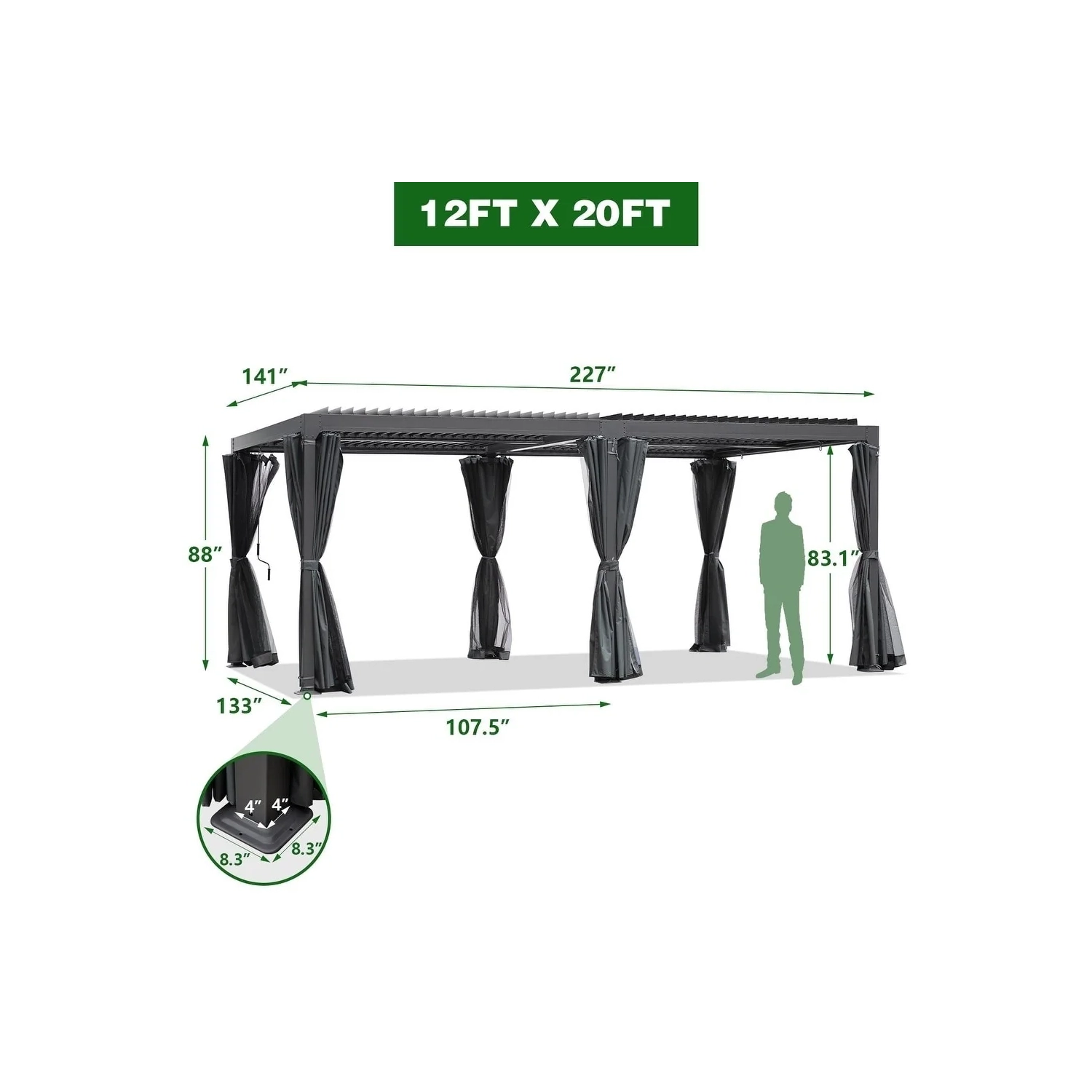 Pergola à pergola pour l'extérieur Erommy de 12 x 20 pi, abri de jardin extérieur à toit rigide, rideaux de toit en métal réglables et moustiquaire