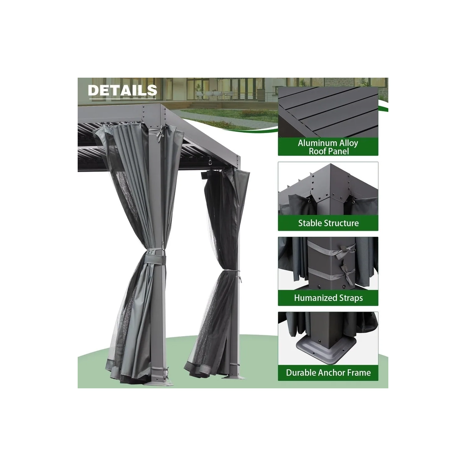 Pergola à pergola pour l'extérieur Erommy de 12 x 20 pi, abri de jardin extérieur à toit rigide, rideaux de toit en métal réglables et moustiquaire