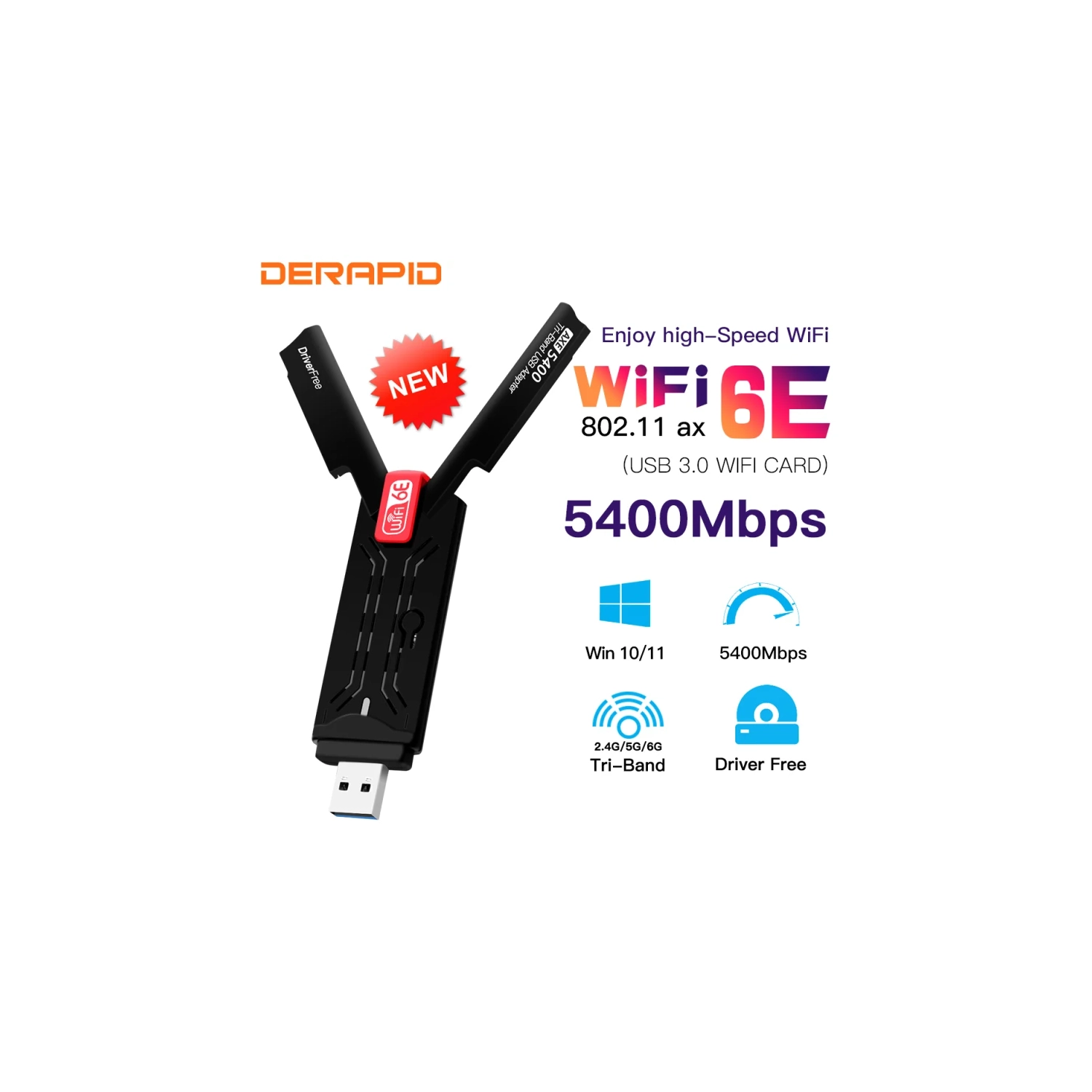 WiFi6E AX5400 USB 3.0 Wireless Adapter | 2.4GHz/5GHz/6GHz Wi-Fi Booster | High Gain Antenna for PC/Laptop | Win10/11 Driver Free