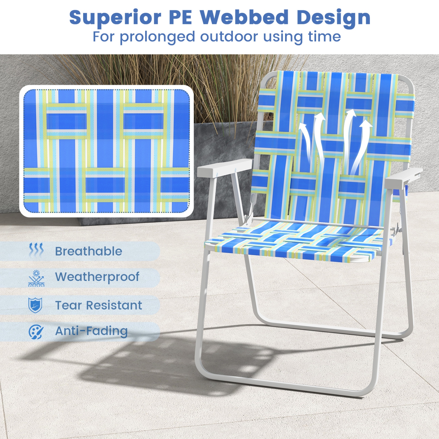 Costway 2PCS Folding Beach Chair Camping Lawn Webbing Chair Lightweight 1 Position Blue