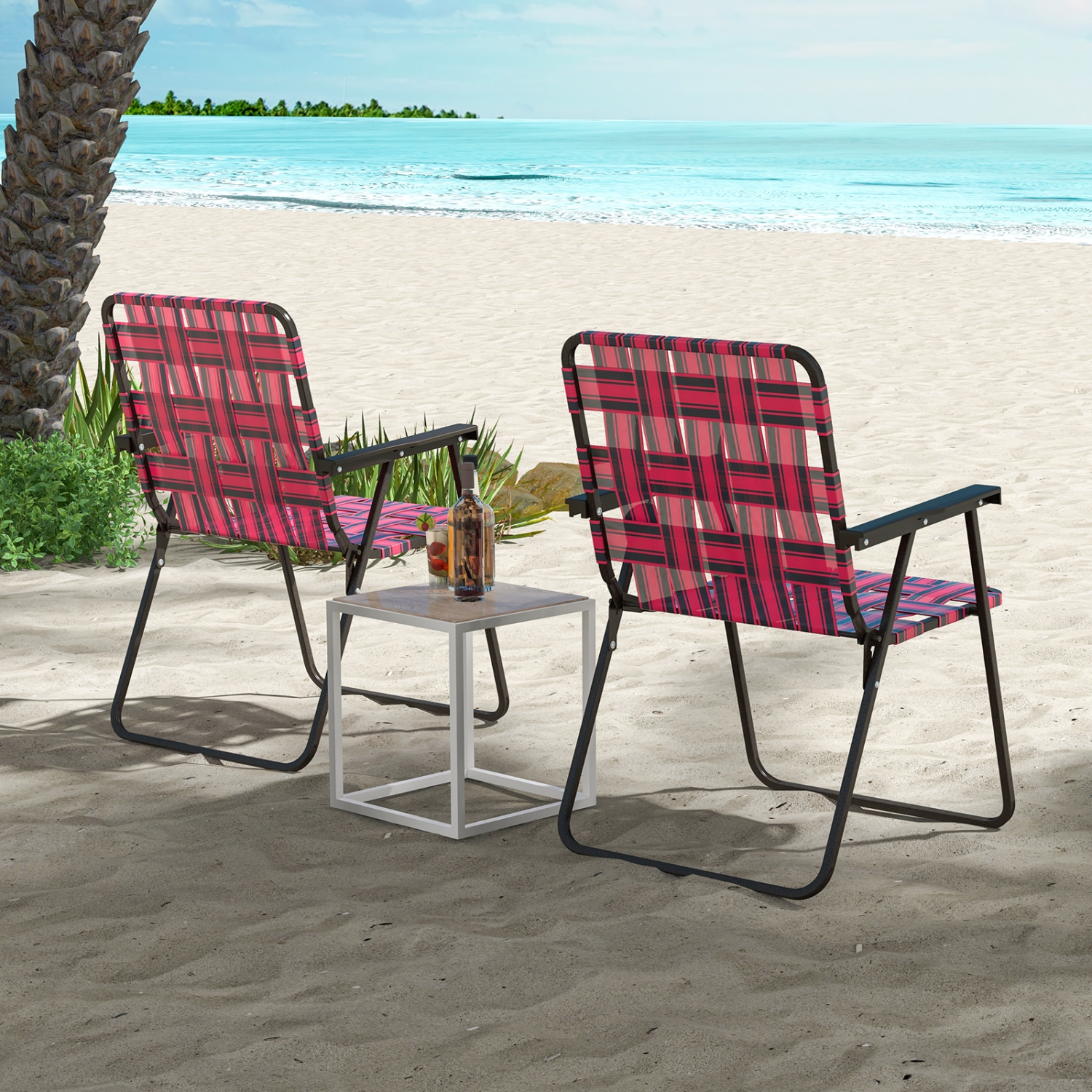 Chaise de plage pliante de Costway 2pcs Chaise de camping à courroies de pelouse légère à 1 positions rouge