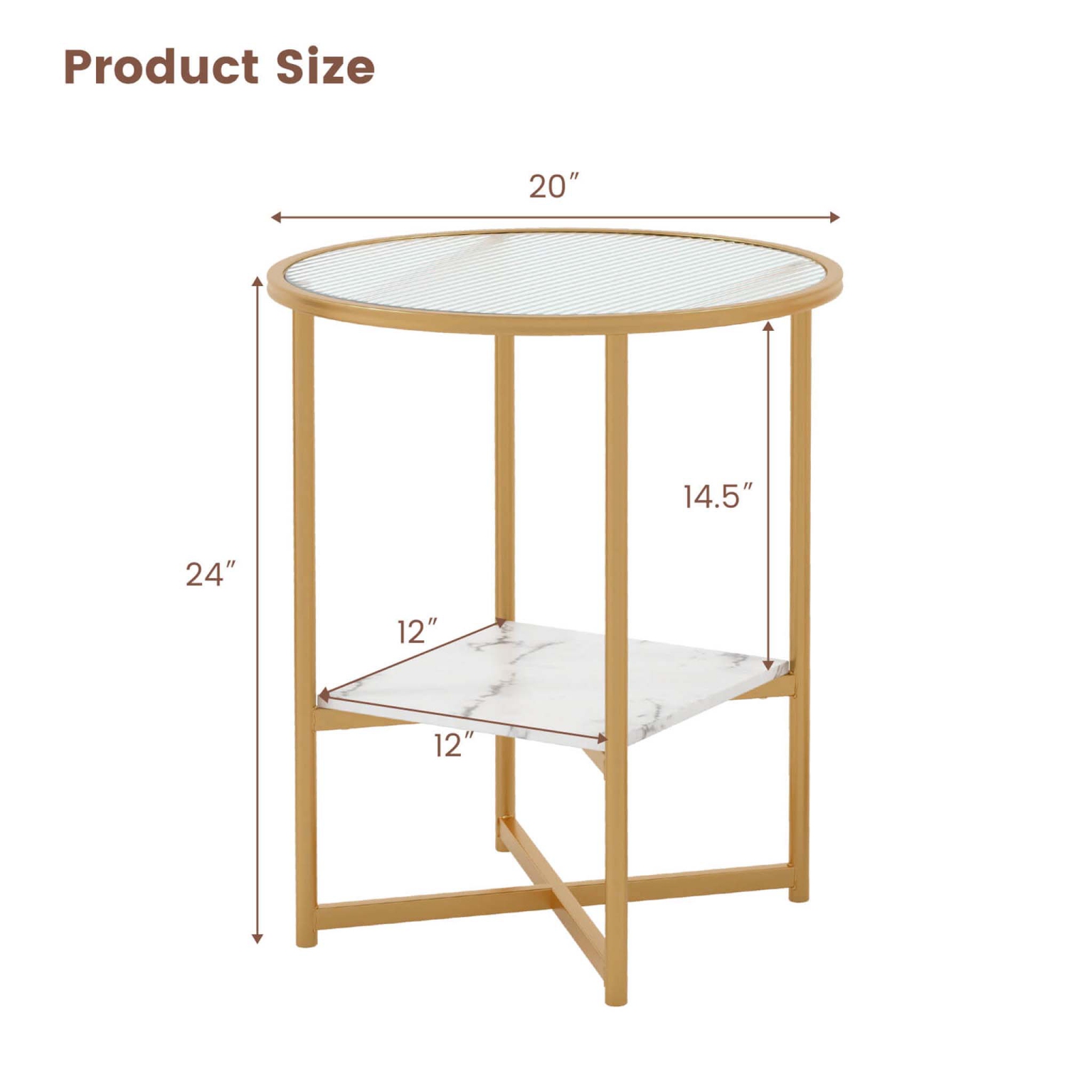 Costway 2PCS Glass End Table 2-Tier 20" Round Side Table with Faux Marble Storage Shelf