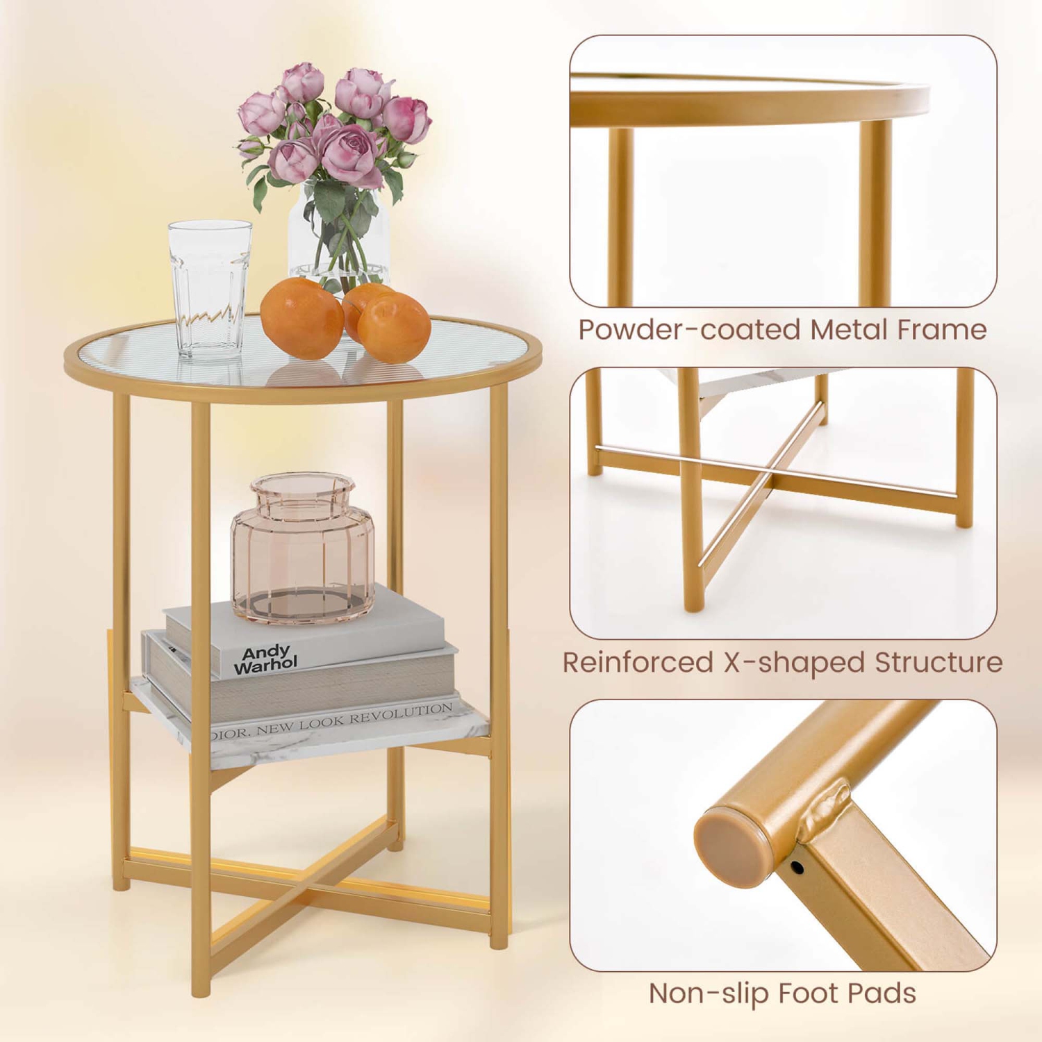 Costway 2PCS Glass End Table 2-Tier 20" Round Side Table with Faux Marble Storage Shelf