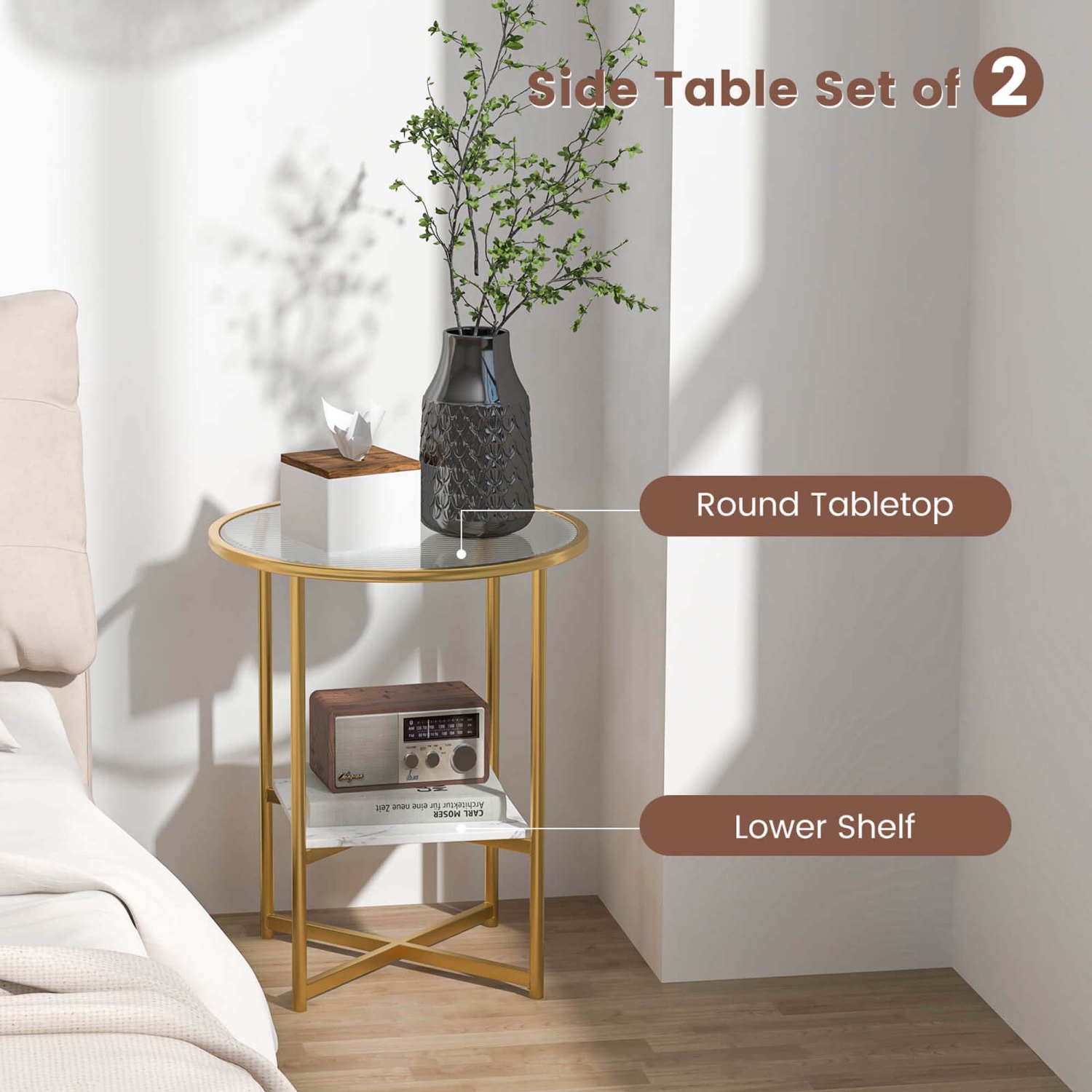 Costway 2PCS Glass End Table 2-Tier 20" Round Side Table with Faux Marble Storage Shelf