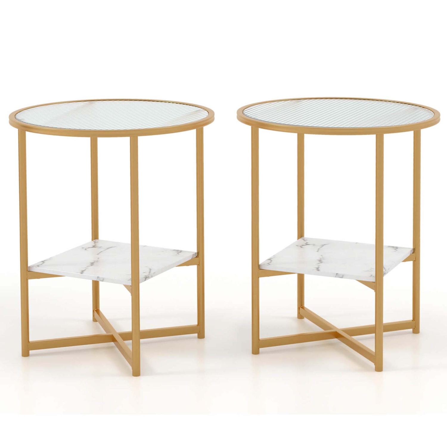 Costway 2PCS Glass End Table 2-Tier 20" Round Side Table with Faux Marble Storage Shelf