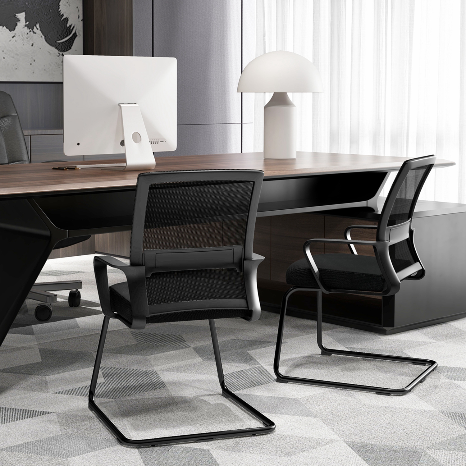 Costway 2 PCS Office Guest Chair with Lumbar Support, Breathable Mesh Back without Wheels Black