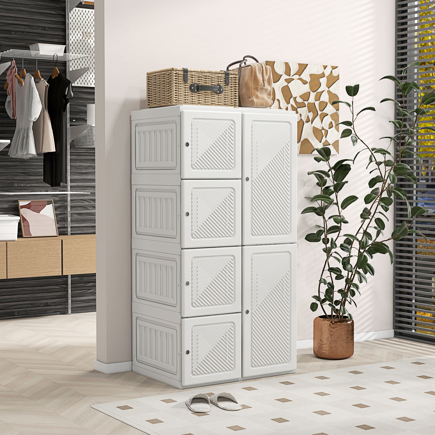 HOMCOM Portable Wardrobe Closet Cabinet Foldable Plastic Clothes Storage Organzier for Bedroom with 8 Cube Compartments Magnet Doors Easy Assembly