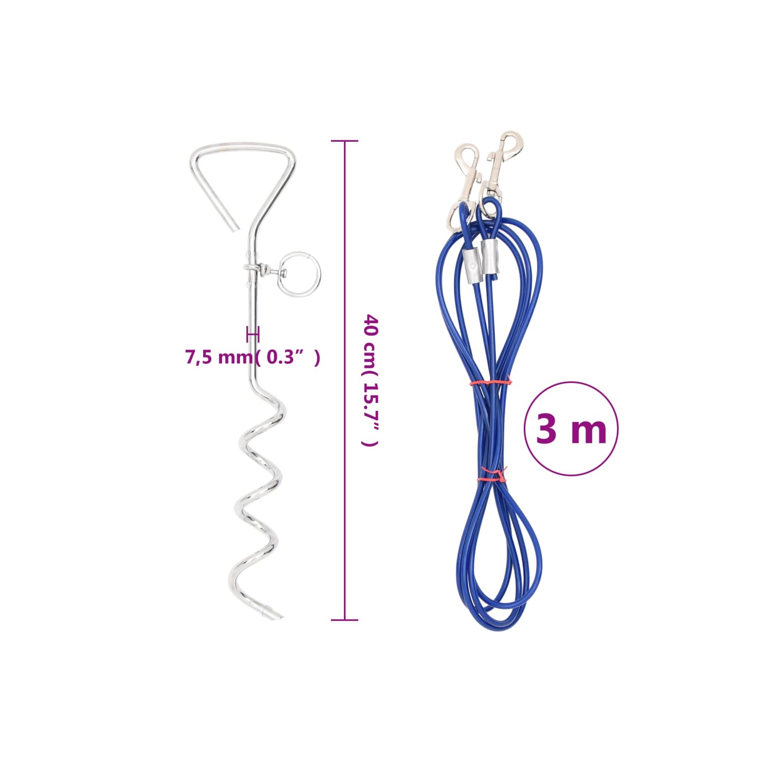 vidaXL Dog Tie Out Cable with Ground Stake 3 m