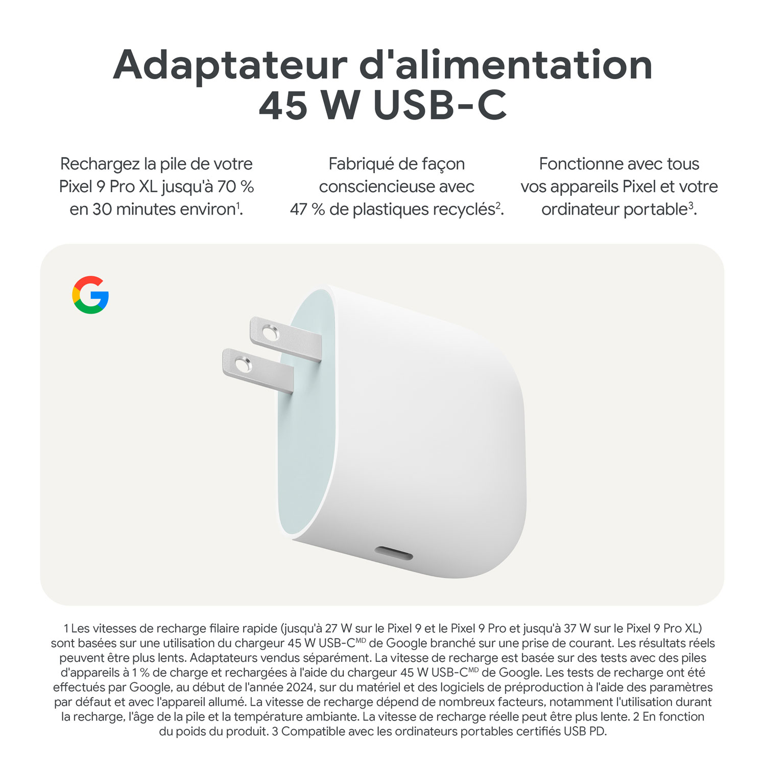 Chargeur mural USB-C à recharge rapide 45 W de Google