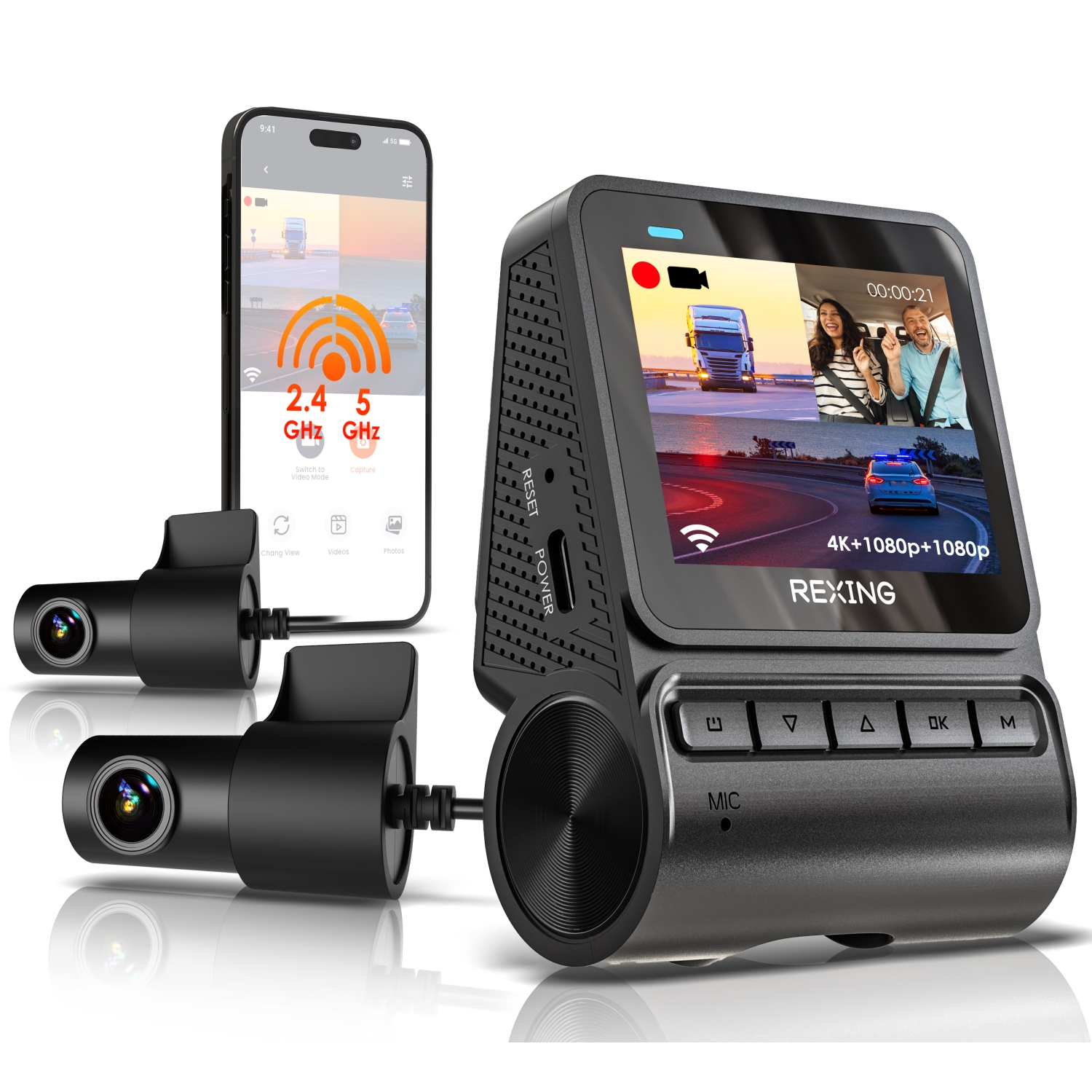 Rexing RH2 Triple Channel Dash Cam 2.5K Front and Dual 1080p Rear Cameras with Wi-Fi, and Optional GPS