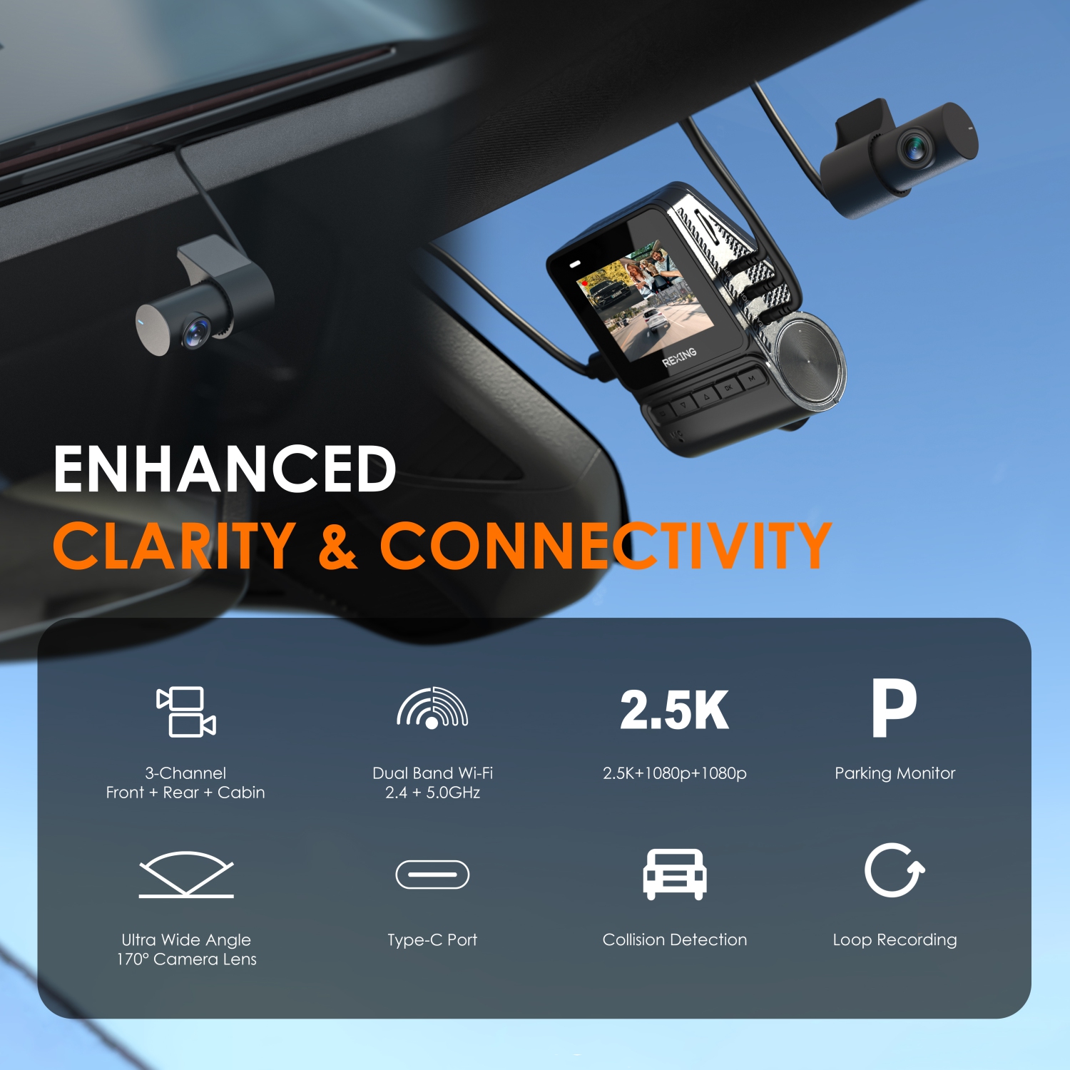 Rexing RH2 Triple Channel Dash Cam 2.5K Front and Dual 1080p Rear Cameras with Wi-Fi, and Optional GPS