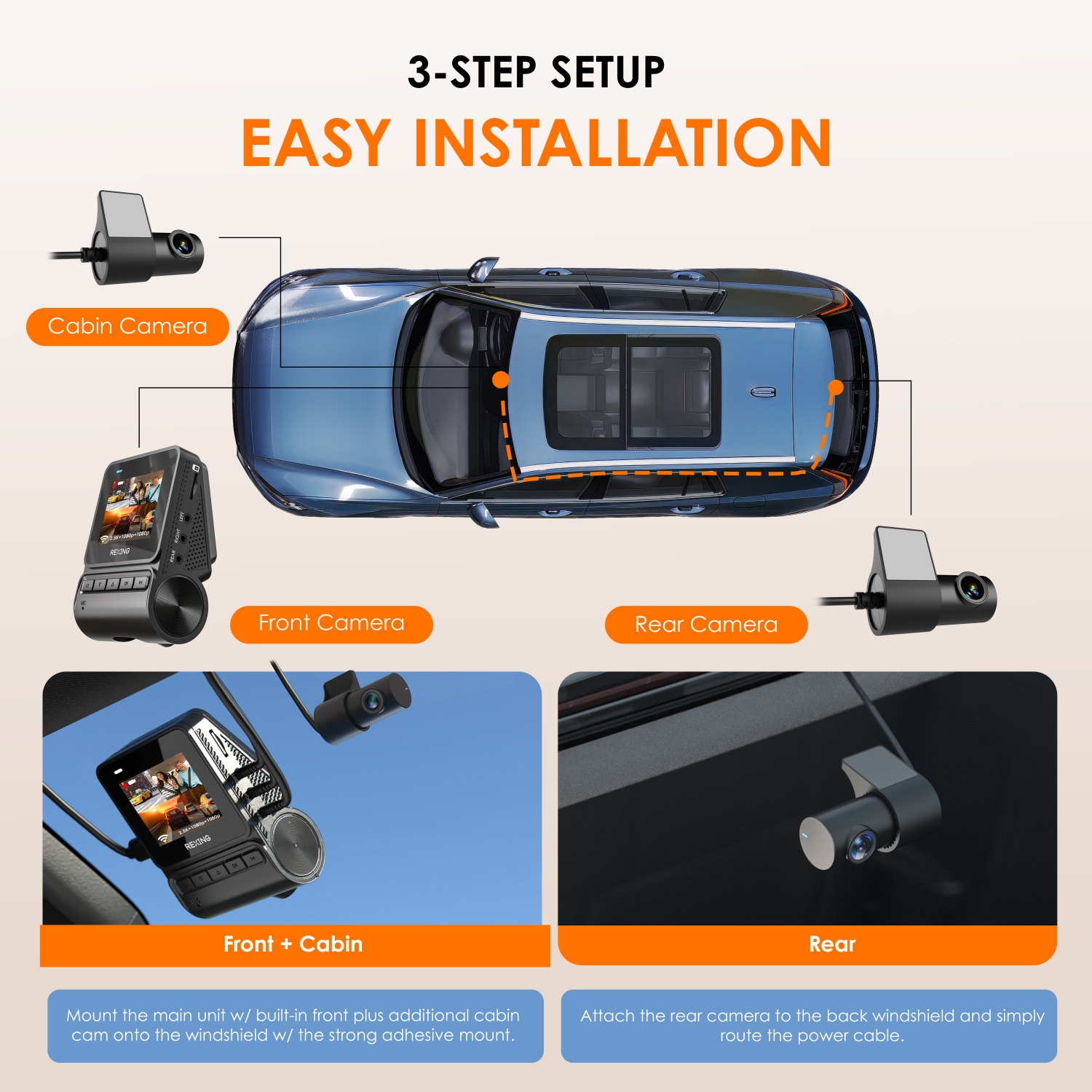 Rexing RH2 Triple Channel Dash Cam 2.5K Front and Dual 1080p Rear Cameras with Wi-Fi, and Optional GPS
