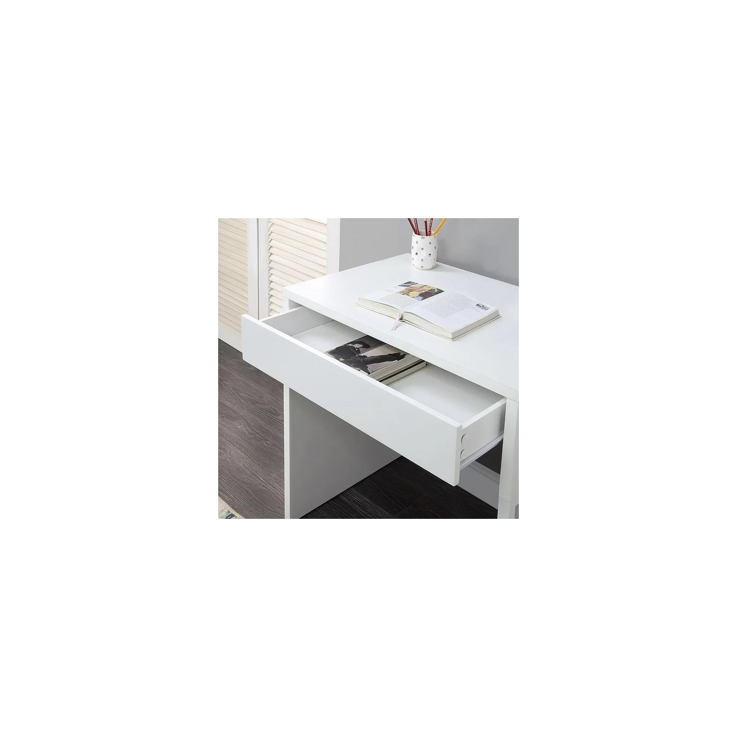 Mehiaz Wood and Metal Desk, White, 28.7"W x 19.7"D, with 1 drawer