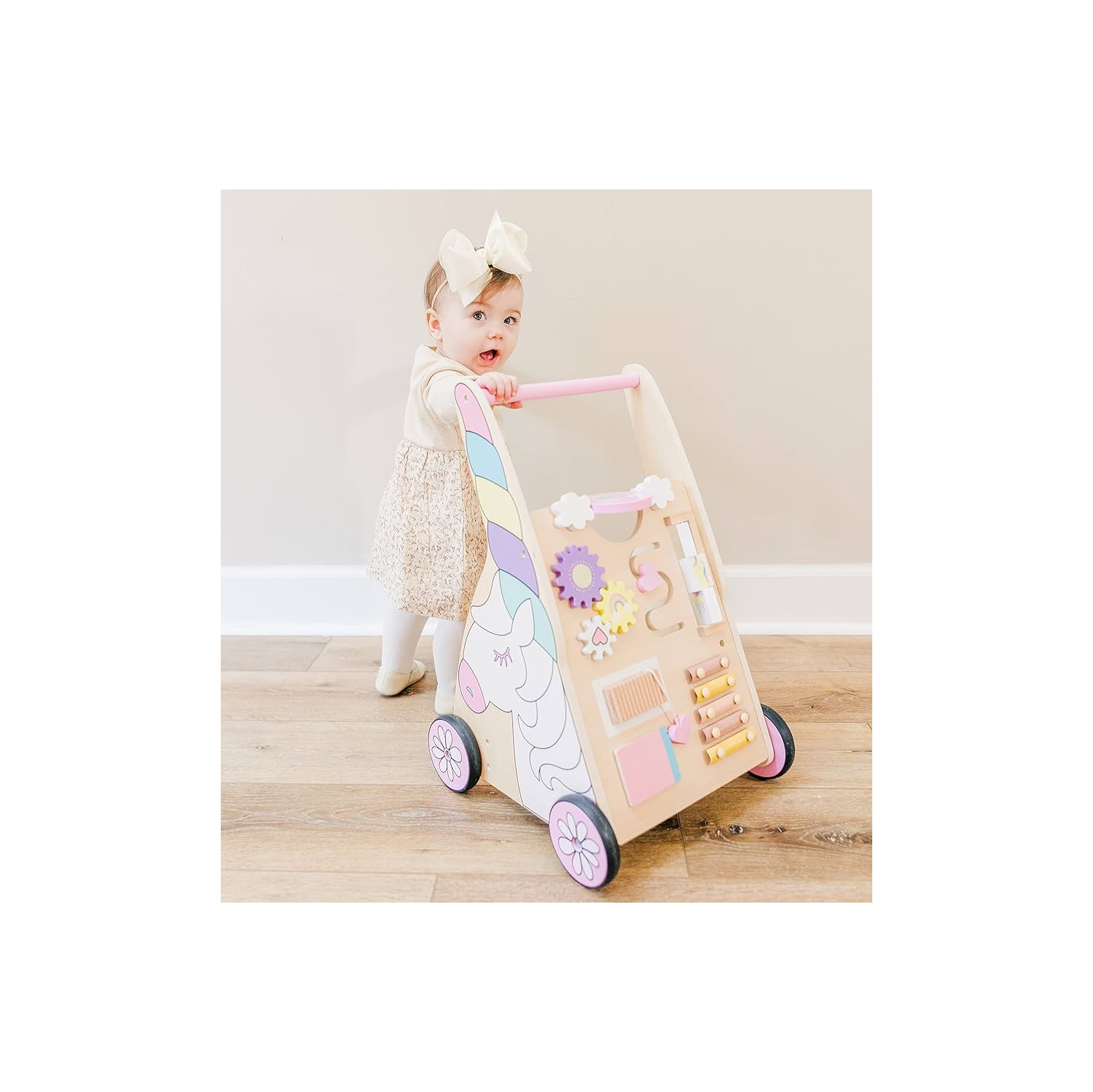 Hopscotch Squad Sit-to-Stand Learning Walker Unicorn Themed Interactive Wooden Push & Pull Baby Walker with Multiple Activities to Develop Motor