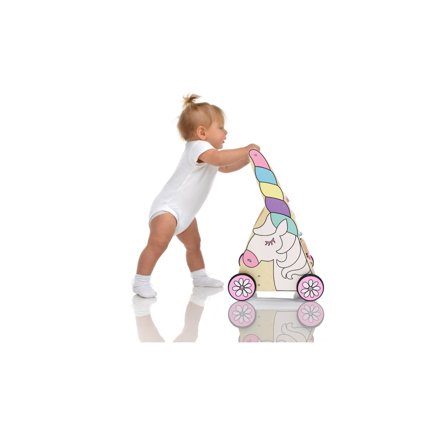 Hopscotch Squad Sit-to-Stand Learning Walker Unicorn Themed Interactive Wooden Push & Pull Baby Walker with Multiple Activities to Develop Motor