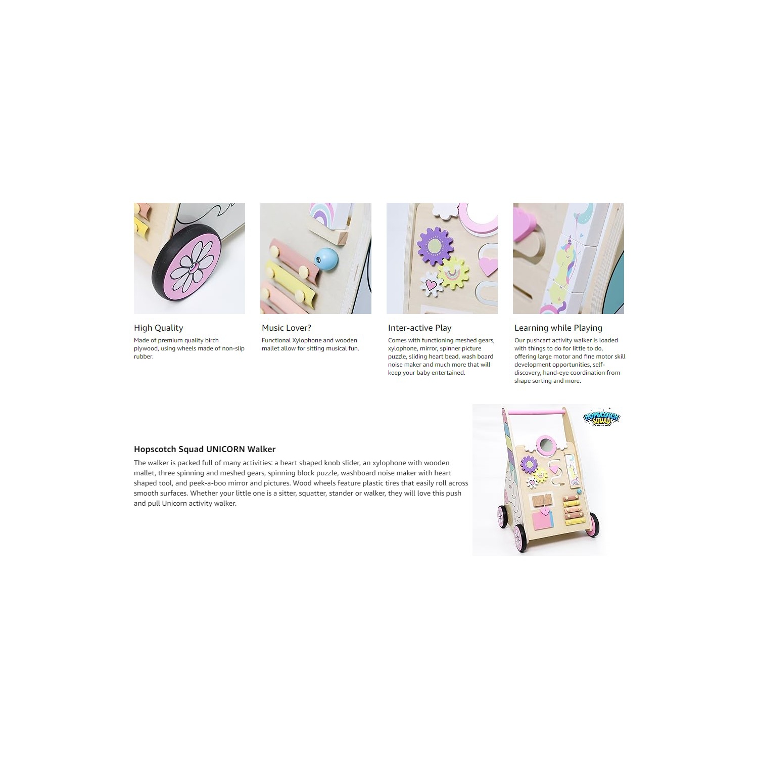 Hopscotch Squad Sit-to-Stand Learning Walker Unicorn Themed Interactive Wooden Push & Pull Baby Walker with Multiple Activities to Develop Motor