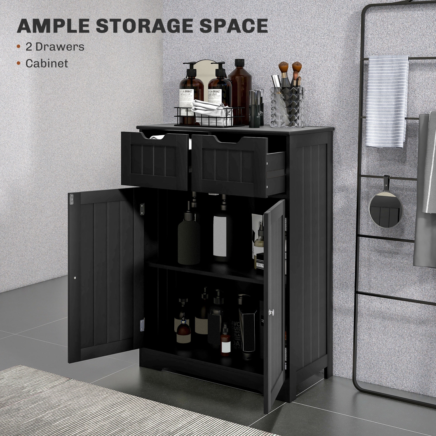 kleankin Freestanding Bathroom Storage Cabinet, Bathroom Floor Cabinet with 2 Drawers, Adjustable Shelf, for Living Room or Entryway, Black