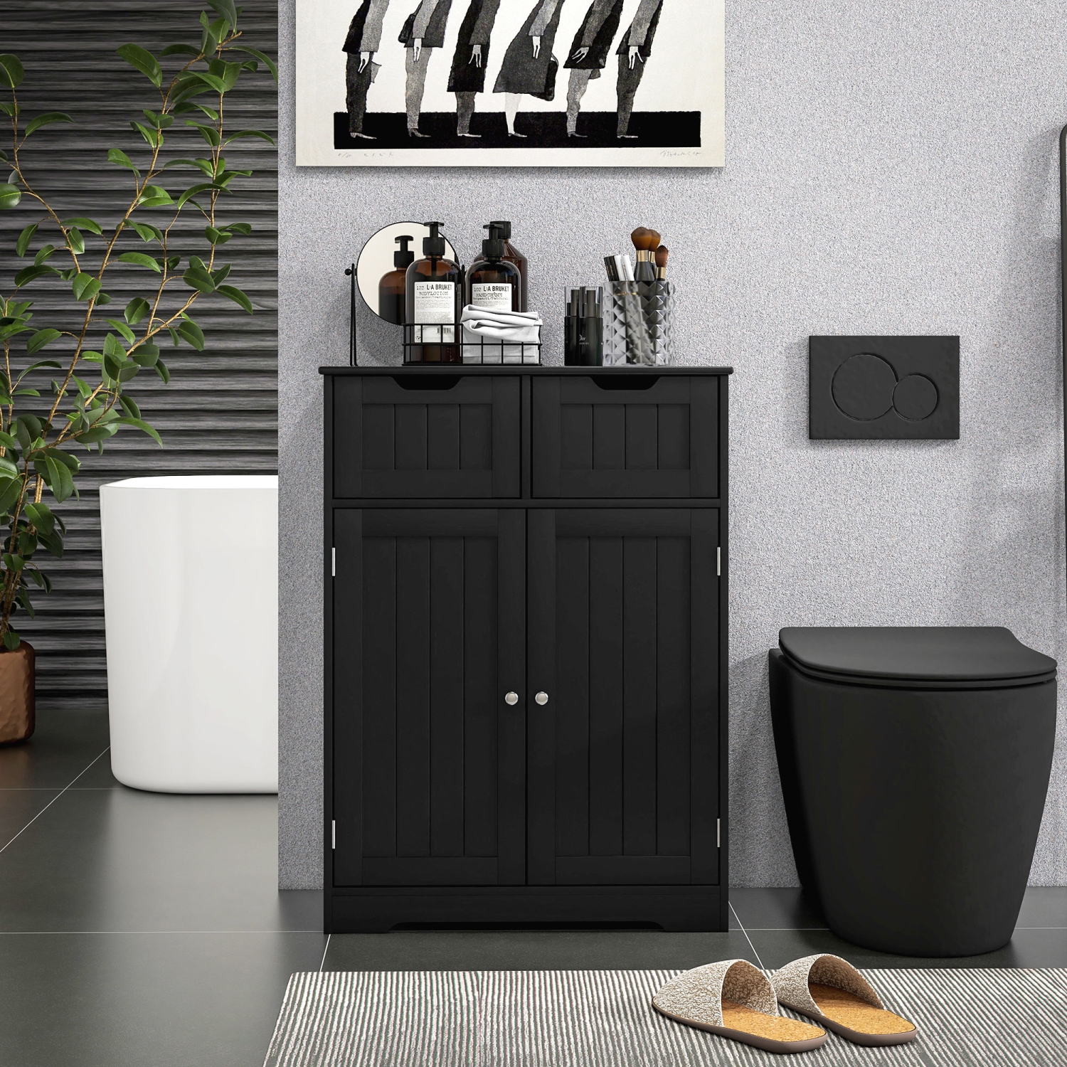 kleankin Freestanding Bathroom Storage Cabinet, Bathroom Floor Cabinet with 2 Drawers, Adjustable Shelf, for Living Room or Entryway, Black