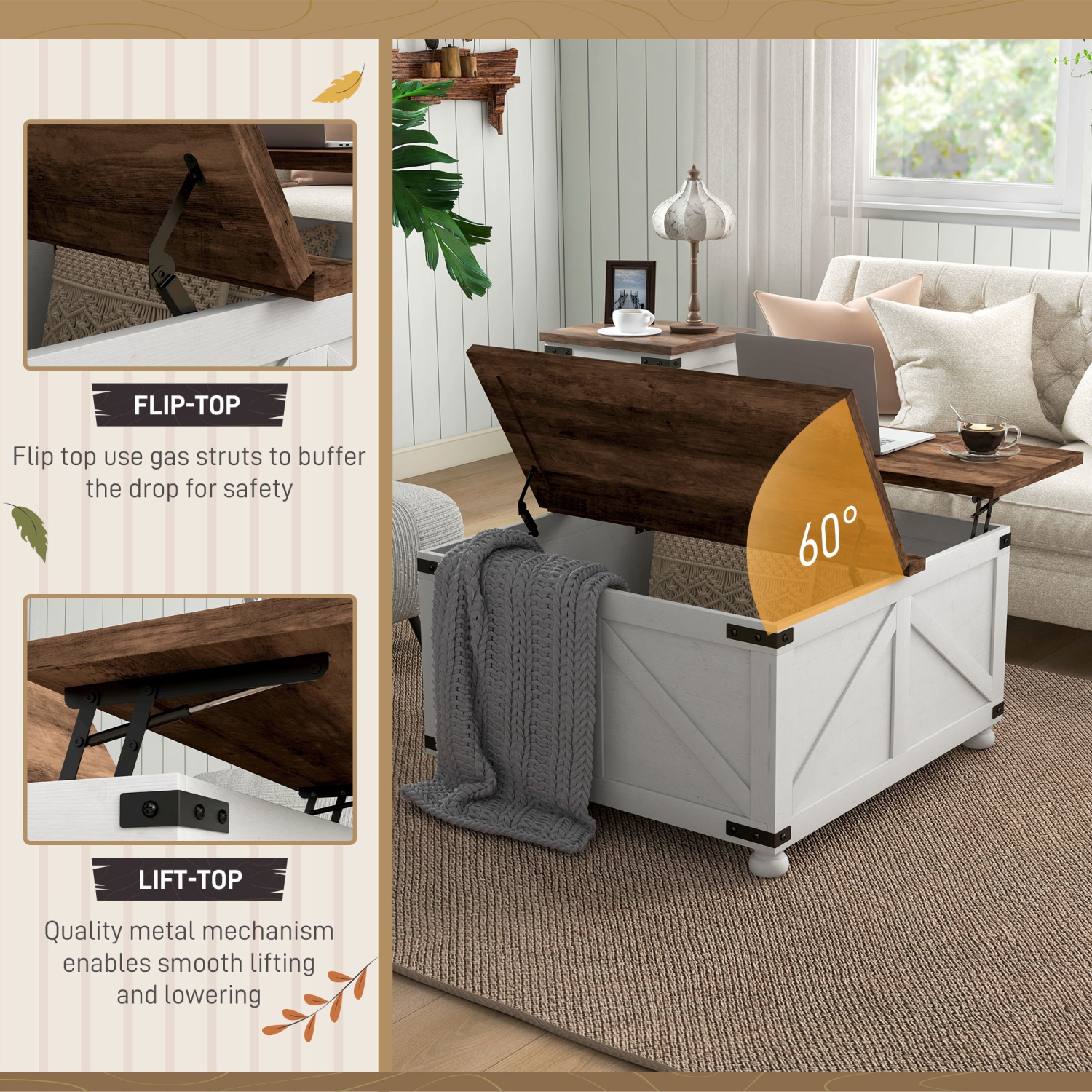 HOMCOM – Table basse à dessus relevable à charnières avec couvercle rabattable, table centrale de 32 po avec compartiment dissimulé et pattes en