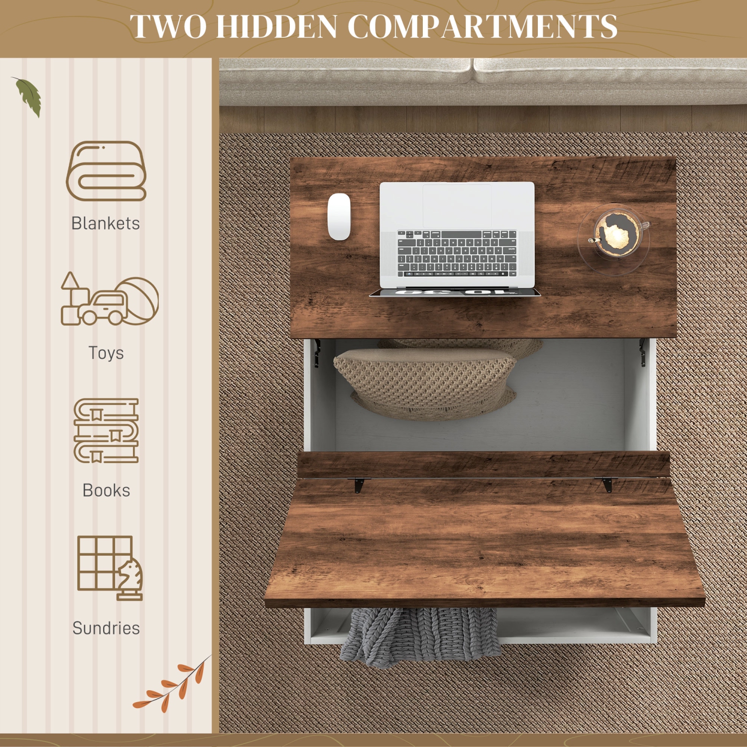 HOMCOM – Table basse à dessus relevable à charnières avec couvercle rabattable, table centrale de 32 po avec compartiment dissimulé et pattes en