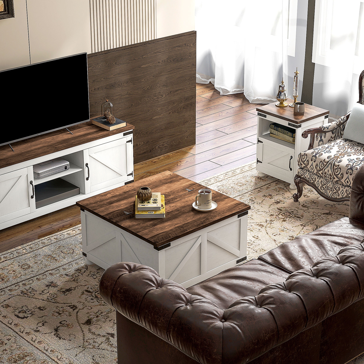 HOMCOM – Table basse à dessus relevable à charnières avec couvercle rabattable, table centrale de 32 po avec compartiment dissimulé et pattes en