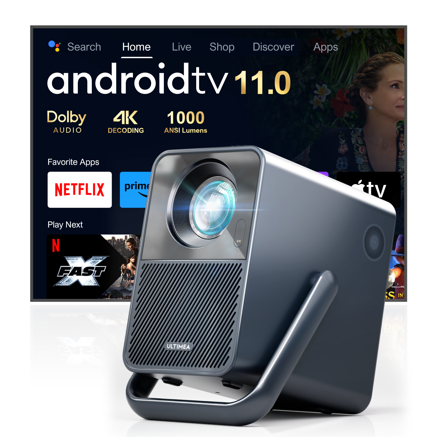 ULTIMEA Home Theatre Projector, Projector 4K Decoding Android TV 11.0 with Netflix, Chromecast/AirPlay,1000 ANSI Lumens ,1080P, TV,WiFi/Bluetooth/Dolby Poseidon E40S (2025 Version)
