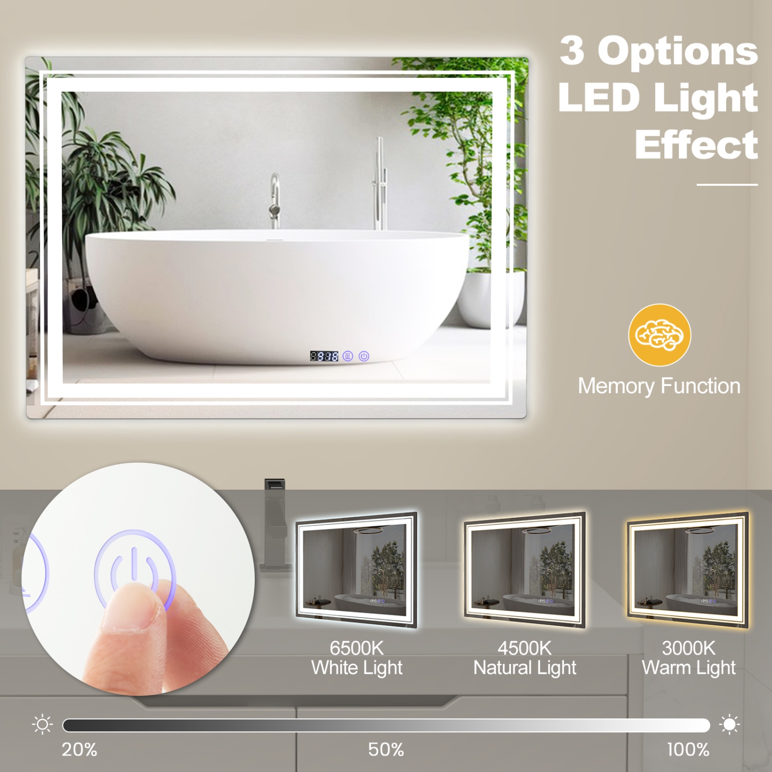 Miroir de salle de bain DEL de 32 x 24 po anti-éclaboussures de Costway 3 couleurs