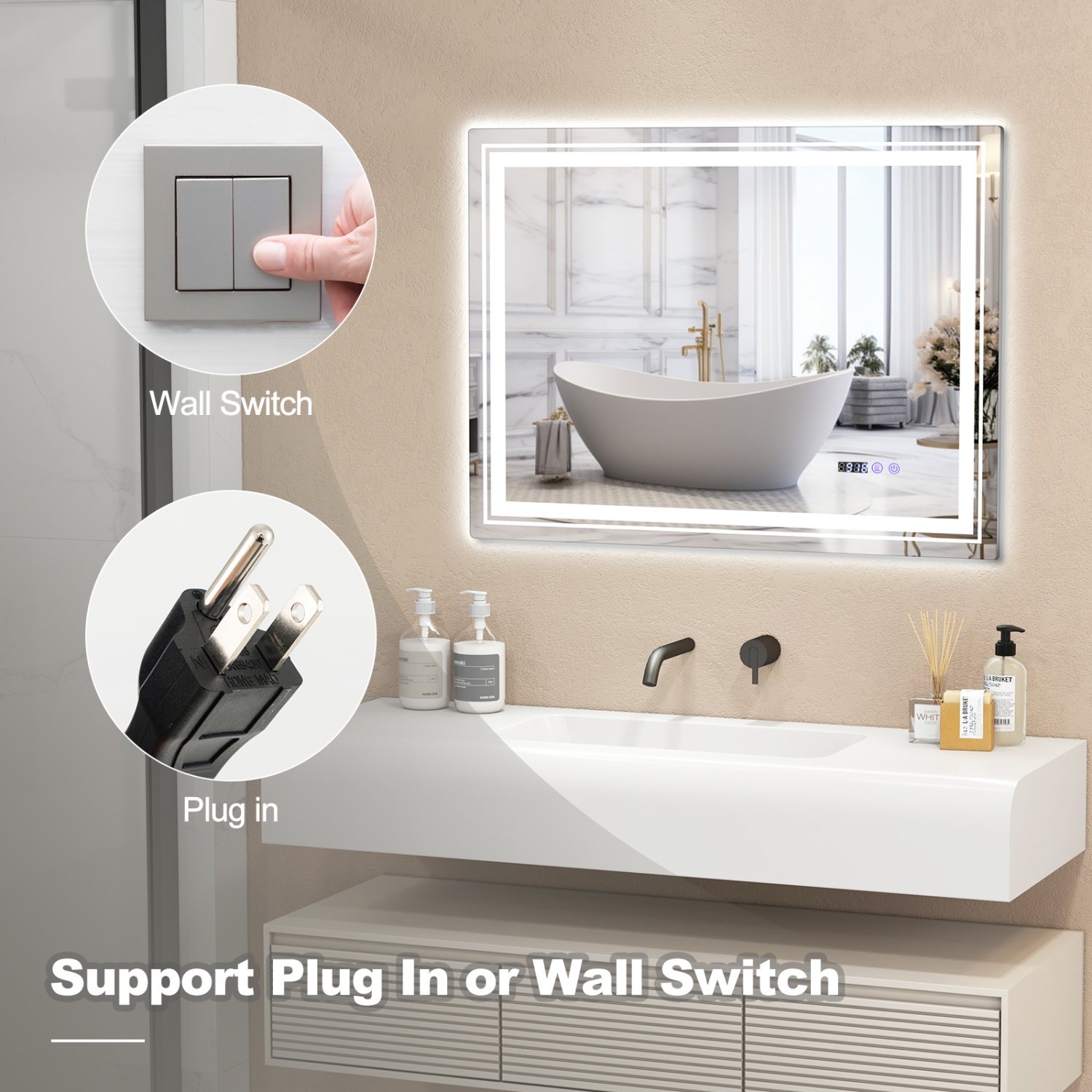 Miroir de salle de bain DEL de 32 x 24 po anti-éclaboussures de Costway 3 couleurs