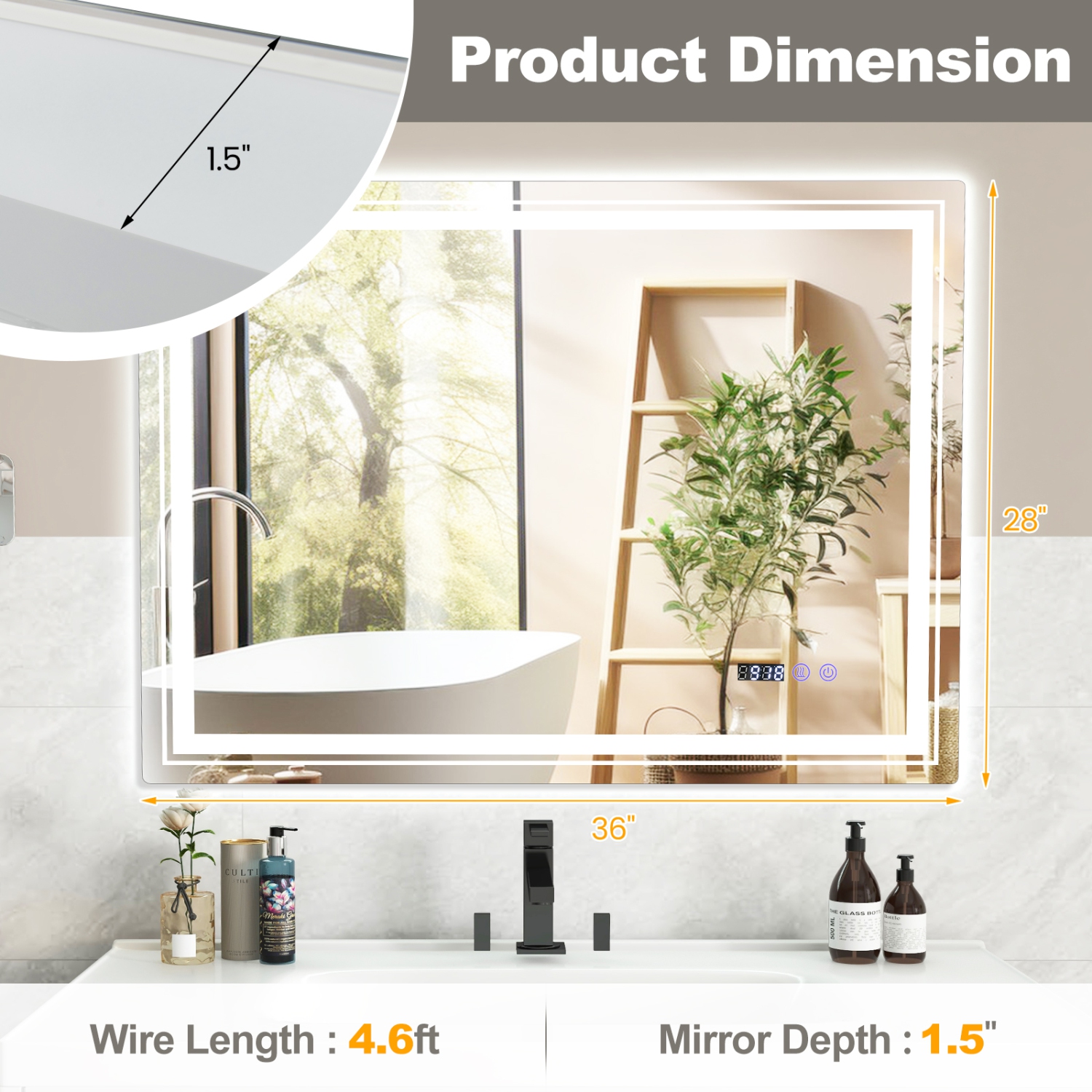 Costway 36" x 28" Defogging LED Bathroom Mirror Shatter-Proof Vanity Mirror 3 Colors