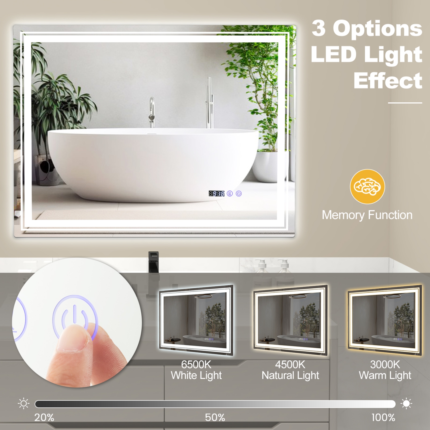 Costway 36" x 28" Defogging LED Bathroom Mirror Shatter-Proof Vanity Mirror 3 Colors