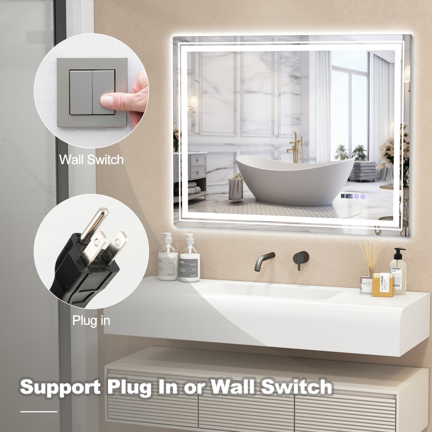 Costway 36" x 28" Defogging LED Bathroom Mirror Shatter-Proof Vanity Mirror 3 Colors